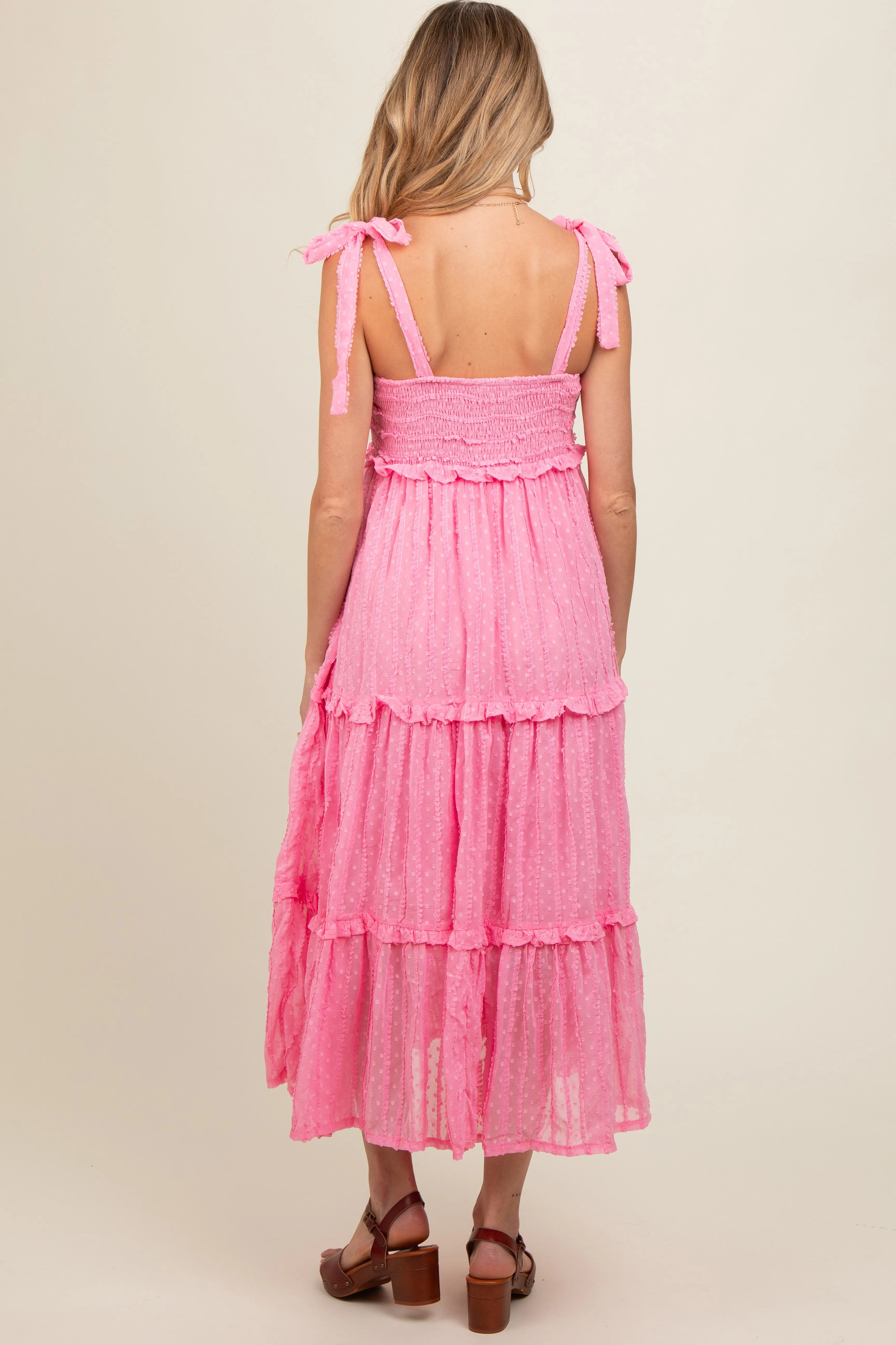 Pink Textured Tie Strap Tiered Maternity Midi Dress sold by Pinkblush product image thumbnail 3