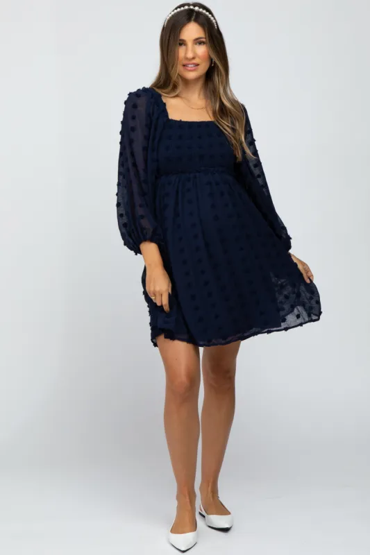 Navy Textured Dot Smocked Square Neck Chiffon Maternity Dress sold by Pinkblush
