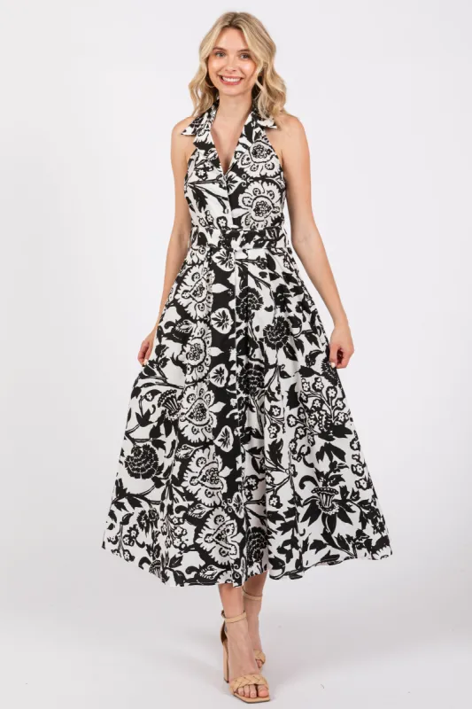 Black Floral Sleeveless Halter Midi Dress sold by Pinkblush