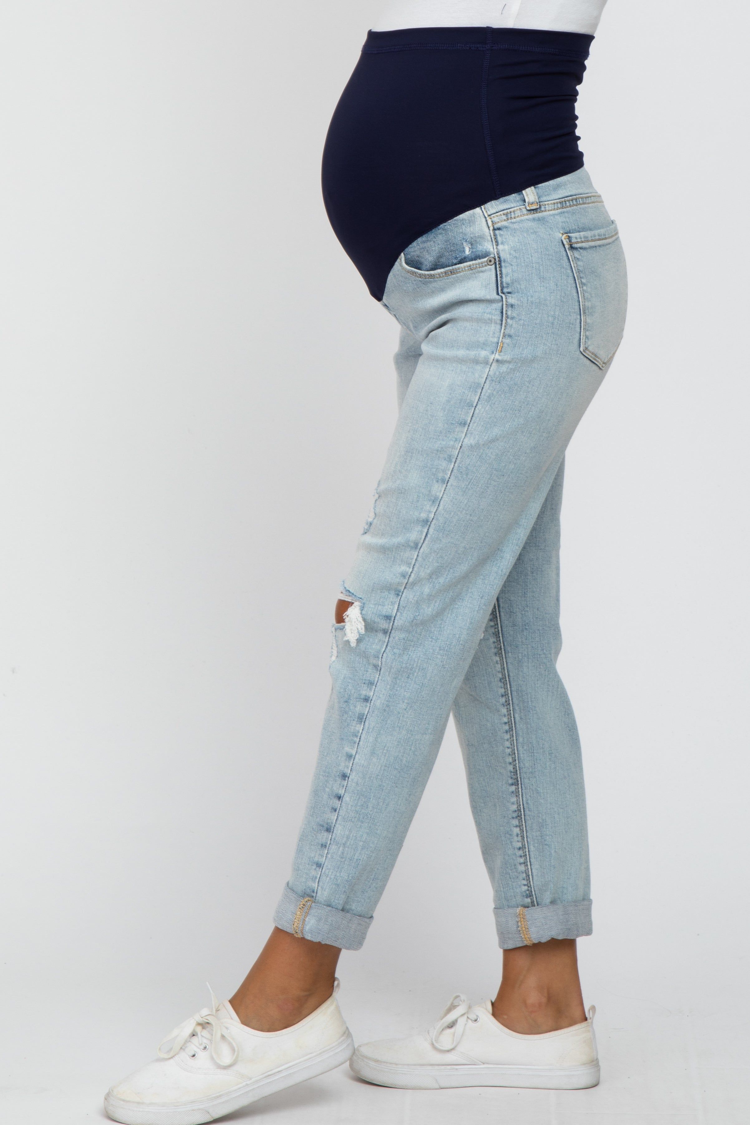 Light Blue Distressed Cuffed Hem Maternity Jeans sold by Pinkblush product image thumbnail 3