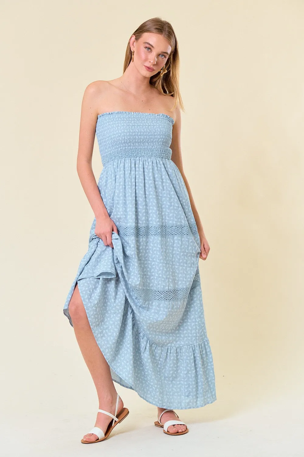 Blue Embroidered Trim Smocked Tube Maxi Dress sold by Pinkblush
