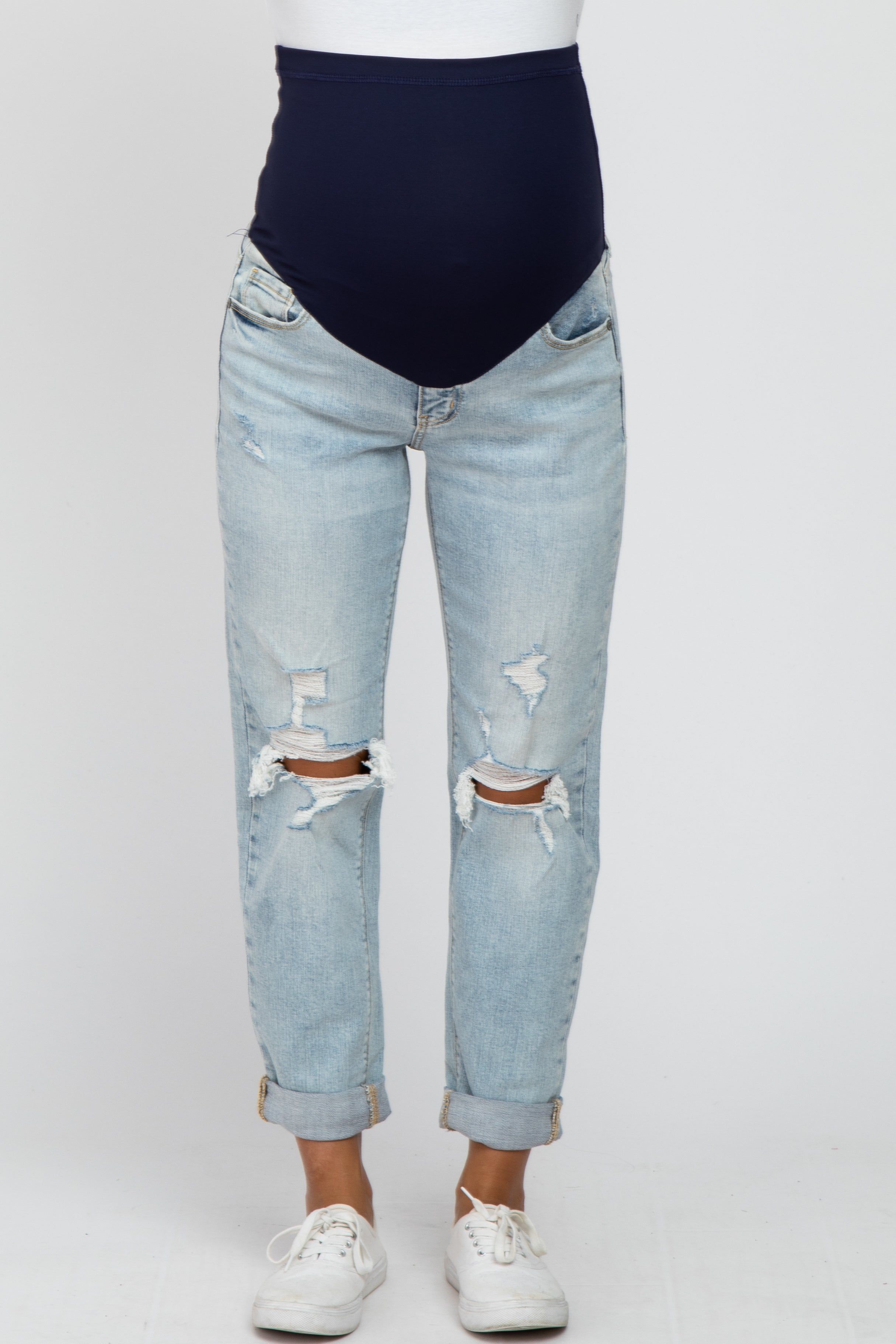 Light Blue Distressed Cuffed Hem Maternity Jeans sold by Pinkblush product image thumbnail 2