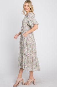 Cream Floral Chiffon Smocked Square Neck Midi Dress sold by Pinkblush