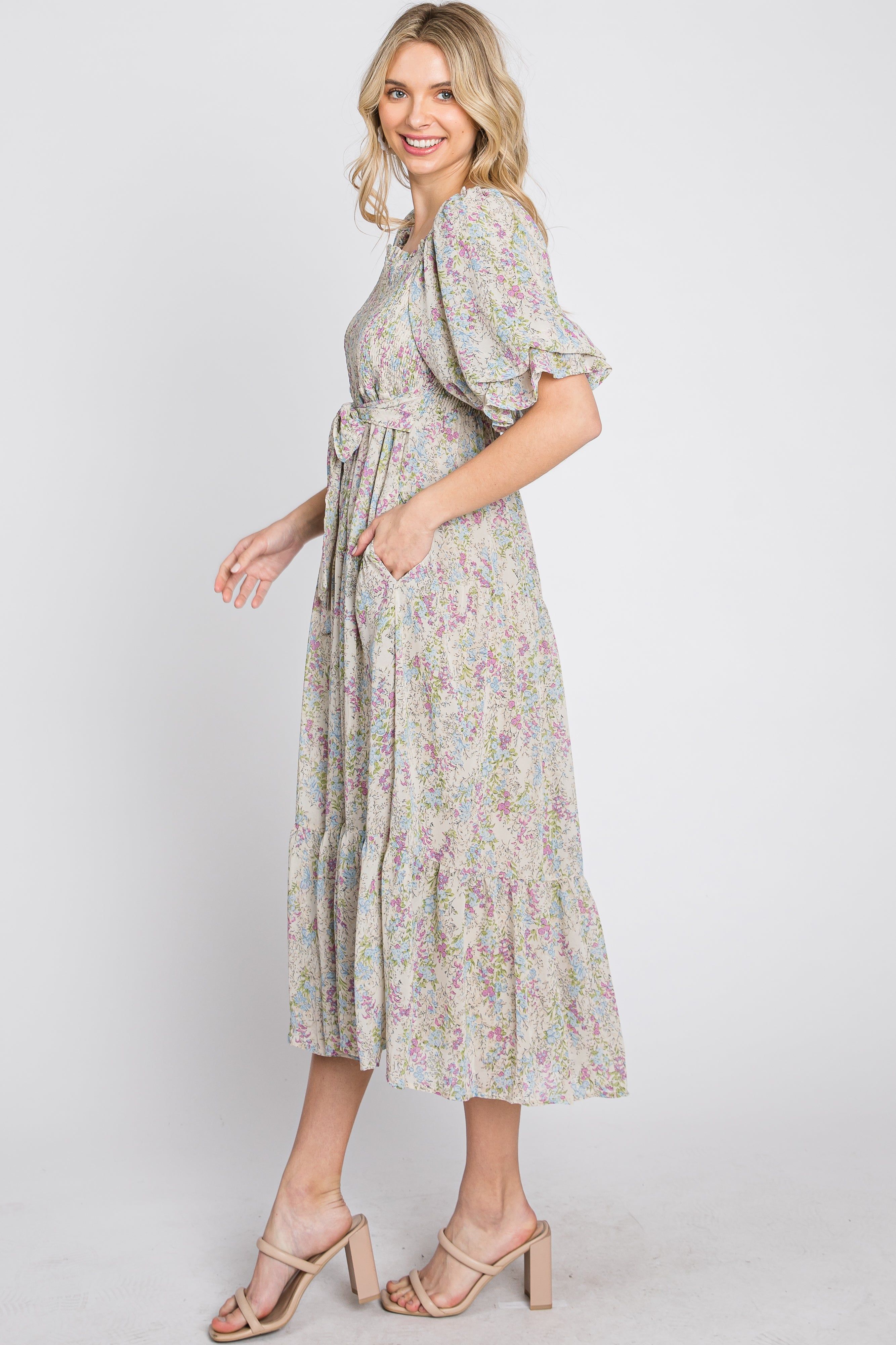 Cream Floral Chiffon Smocked Square Neck Midi Dress sold by Pinkblush product image thumbnail 4