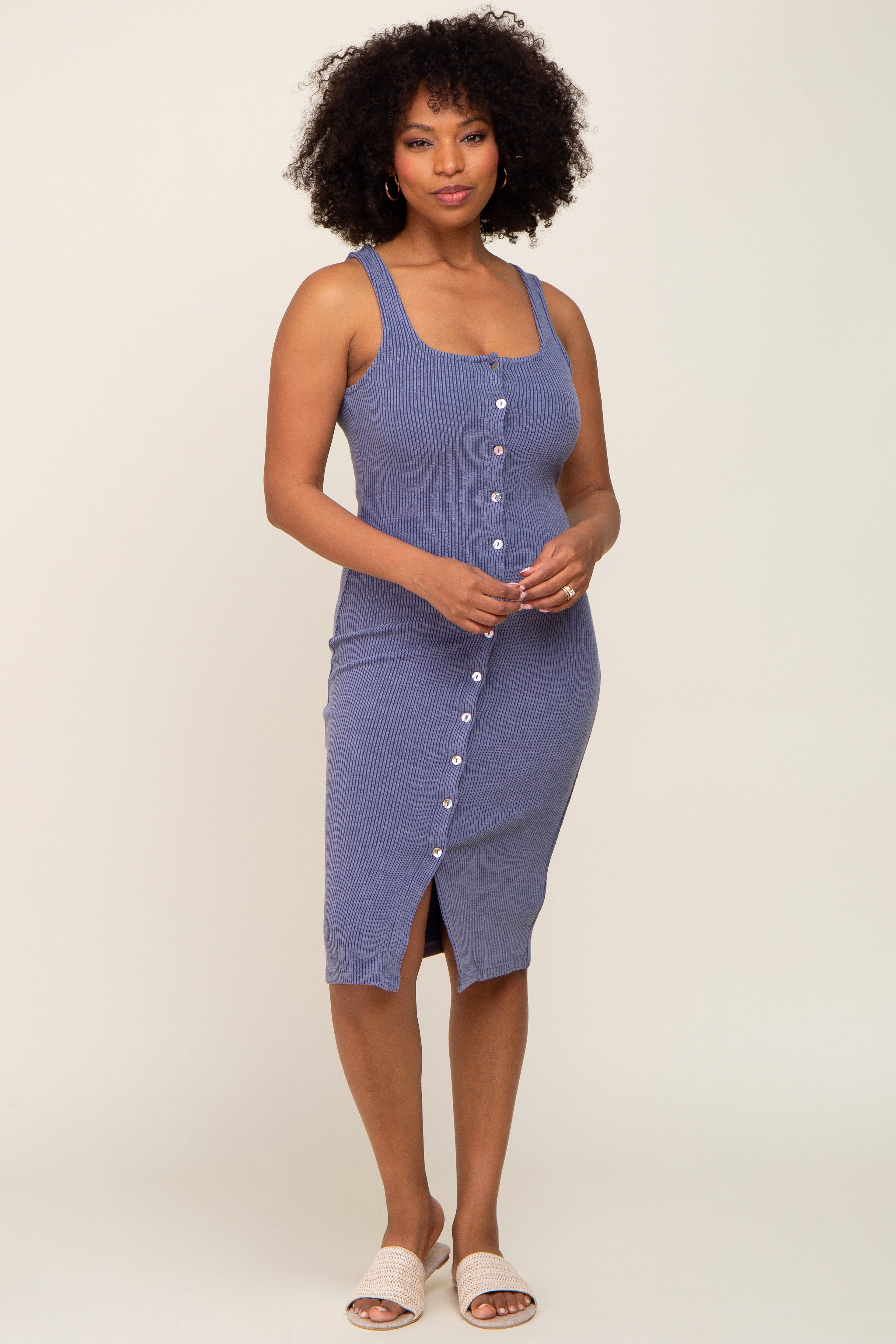 Navy Blue Ribbed Button Front Sleeveless Midi Dress sold by Pinkblush product image thumbnail 4
