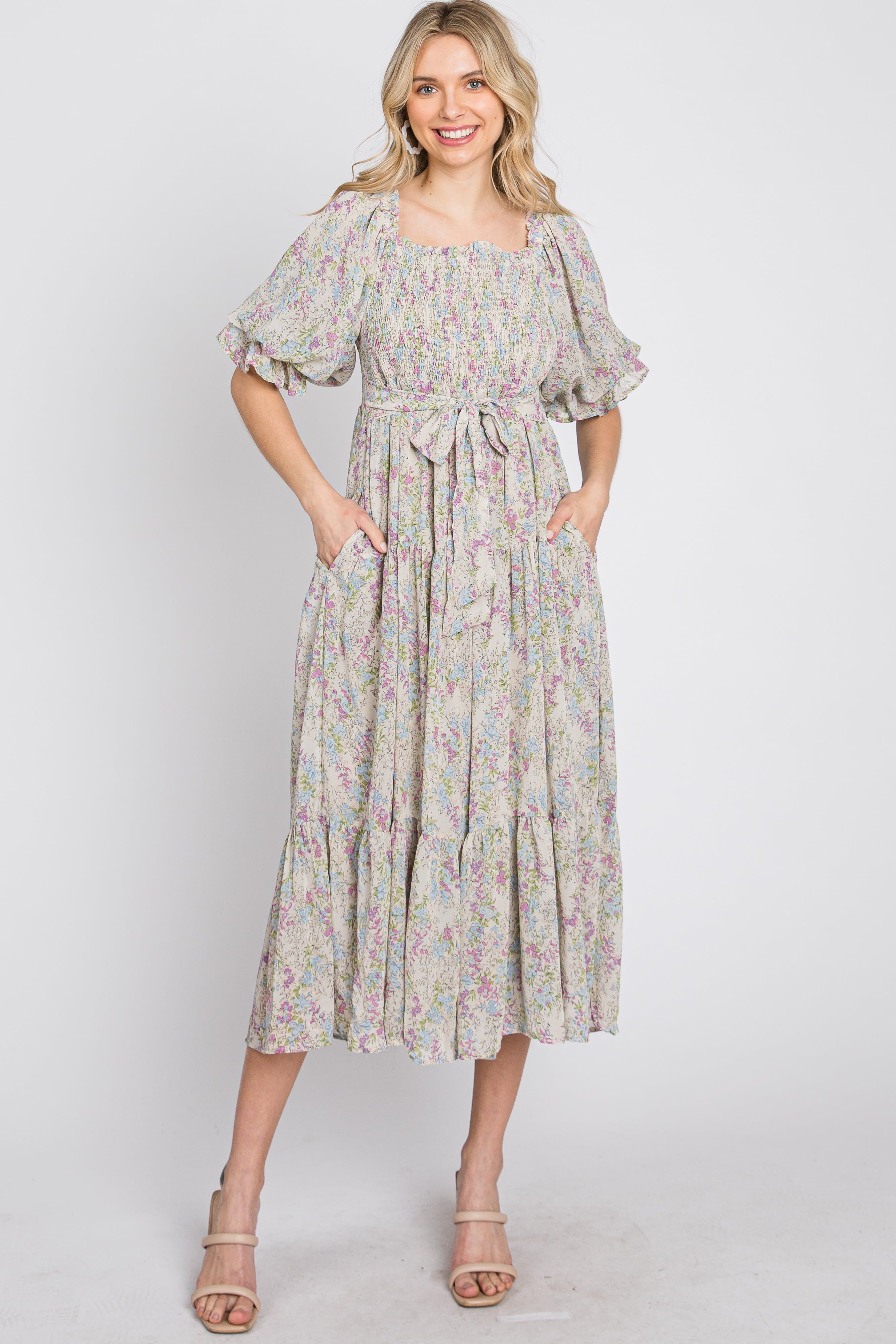 Cream Floral Chiffon Smocked Square Neck Midi Dress sold by Pinkblush