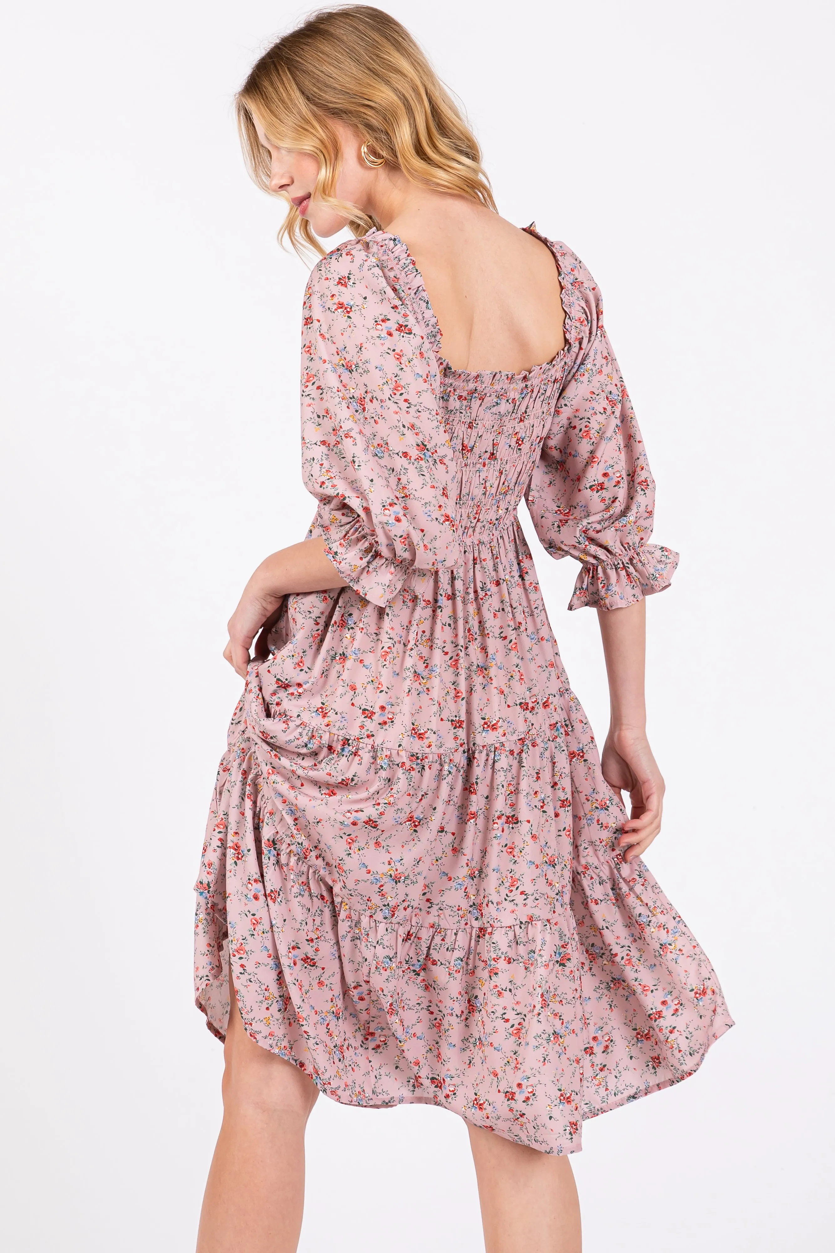 Light Pink Floral Smocked Knee Length Dress sold by Pinkblush product image thumbnail 4