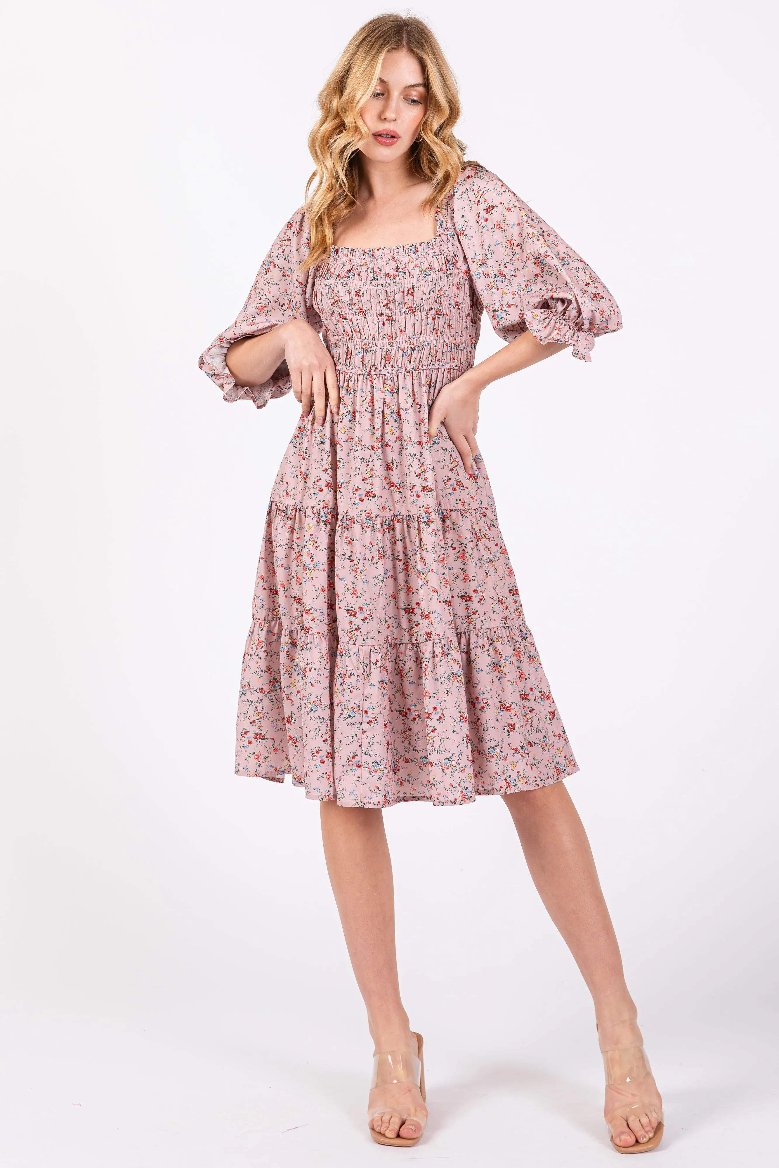 Light Pink Floral Smocked Knee Length Dress sold by Pinkblush