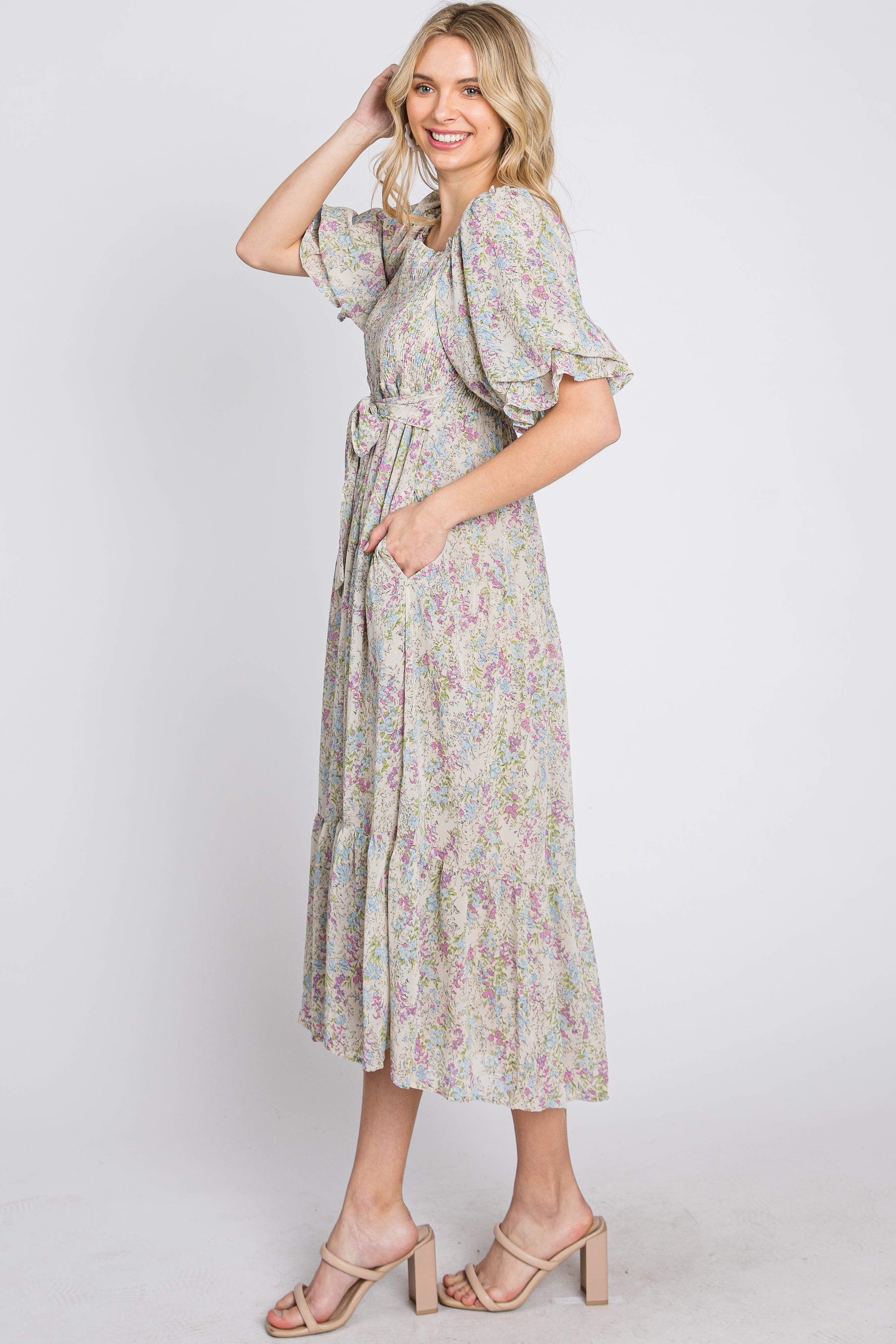 Cream Floral Chiffon Smocked Square Neck Midi Dress sold by Pinkblush product image thumbnail 5