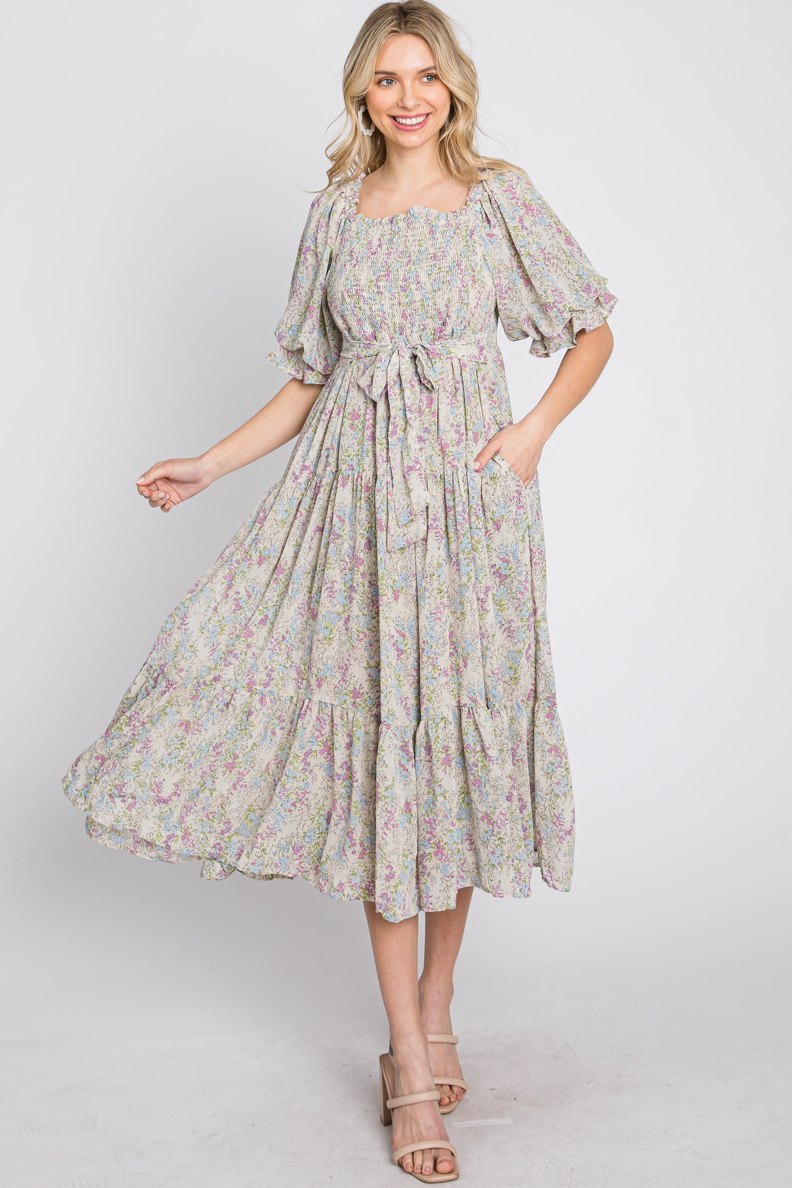 Cream Floral Chiffon Smocked Square Neck Midi Dress sold by Pinkblush product image thumbnail 2