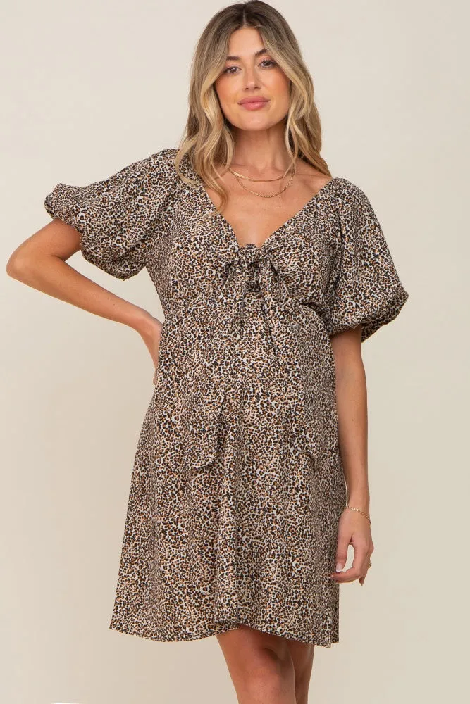 Cream Cheetah Print Knotted Puff Sleeve Maternity Dress sold by Pinkblush
