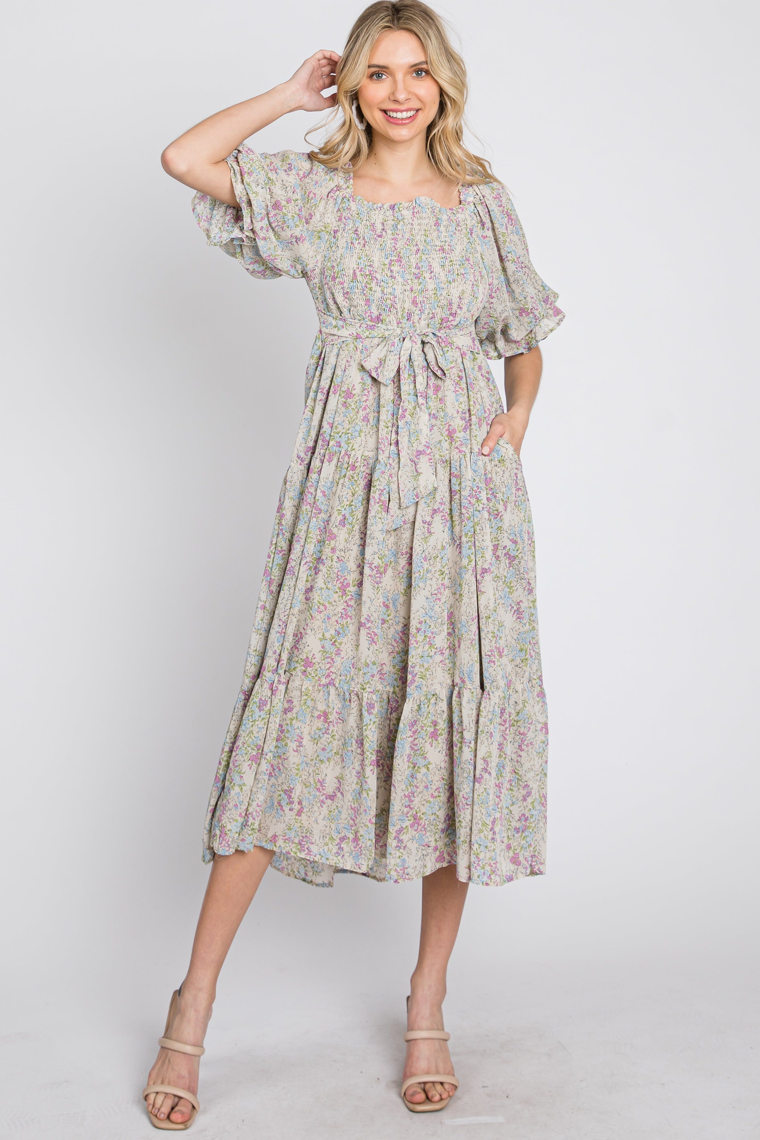 Cream Floral Chiffon Smocked Square Neck Midi Dress sold by Pinkblush product image thumbnail 3