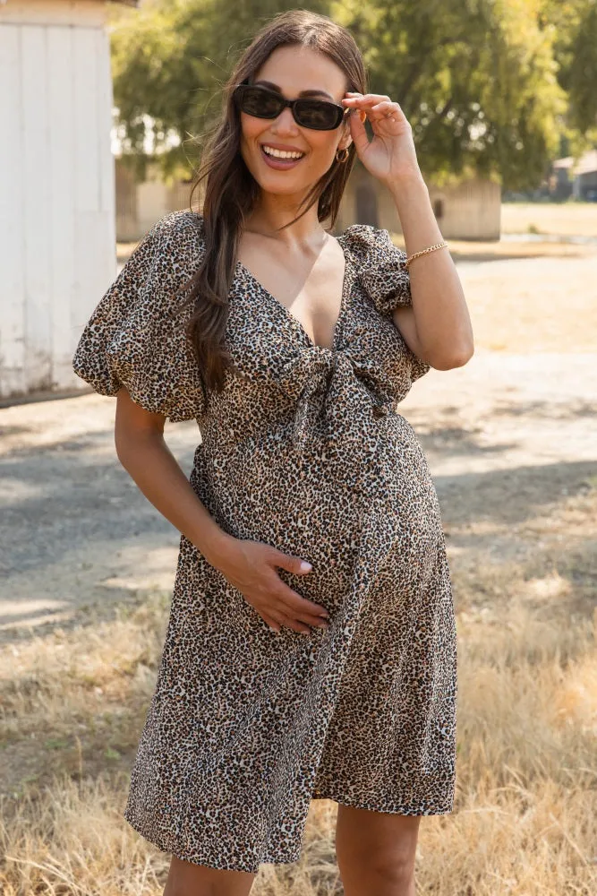 Cream Cheetah Print Knotted Puff Sleeve Maternity Dress sold by Pinkblush product image thumbnail 2