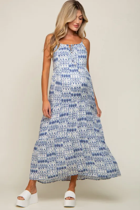 Blue Printed Tiered Maternity Maxi Dress sold by Pinkblush