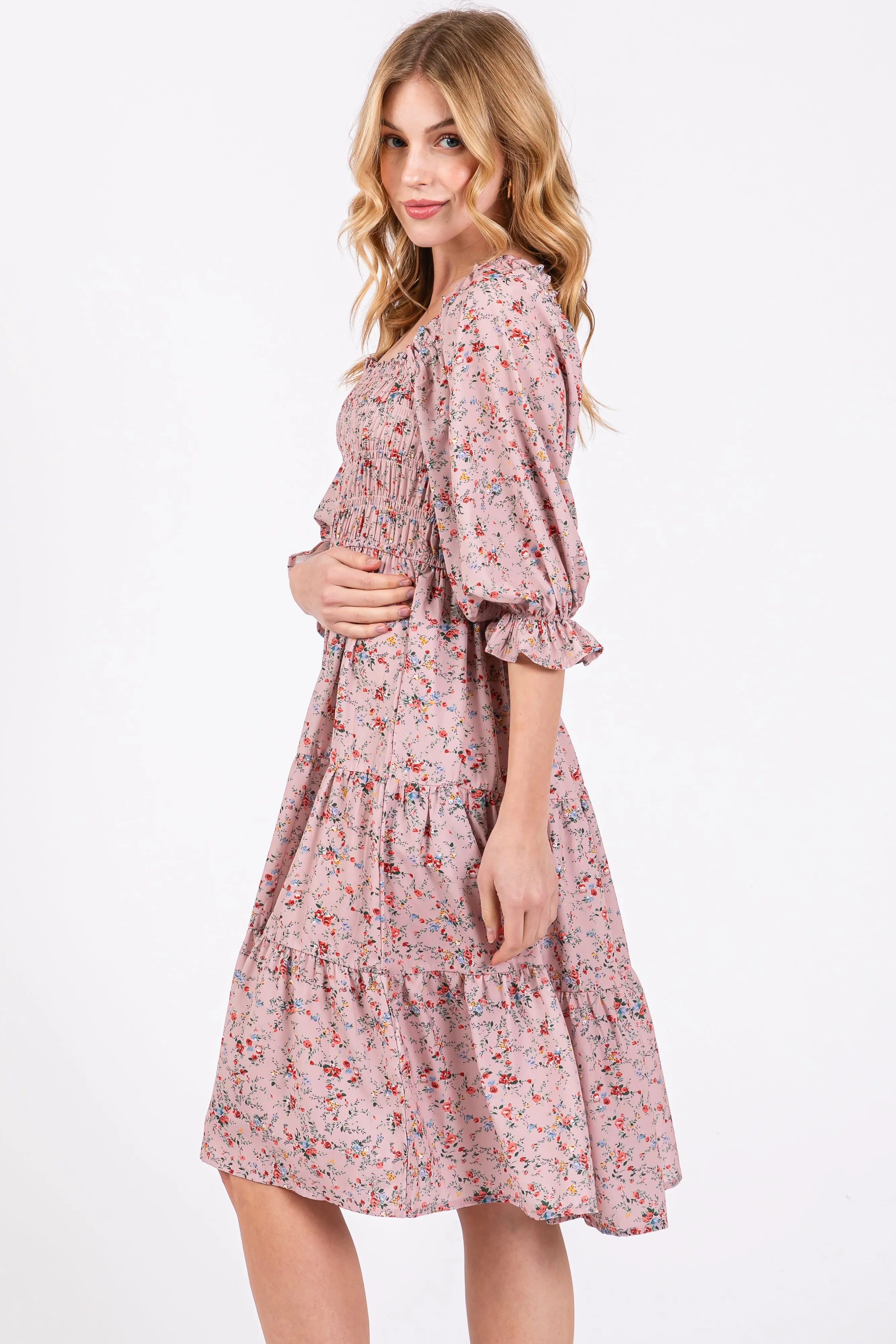 Light Pink Floral Smocked Knee Length Dress sold by Pinkblush product image thumbnail 3