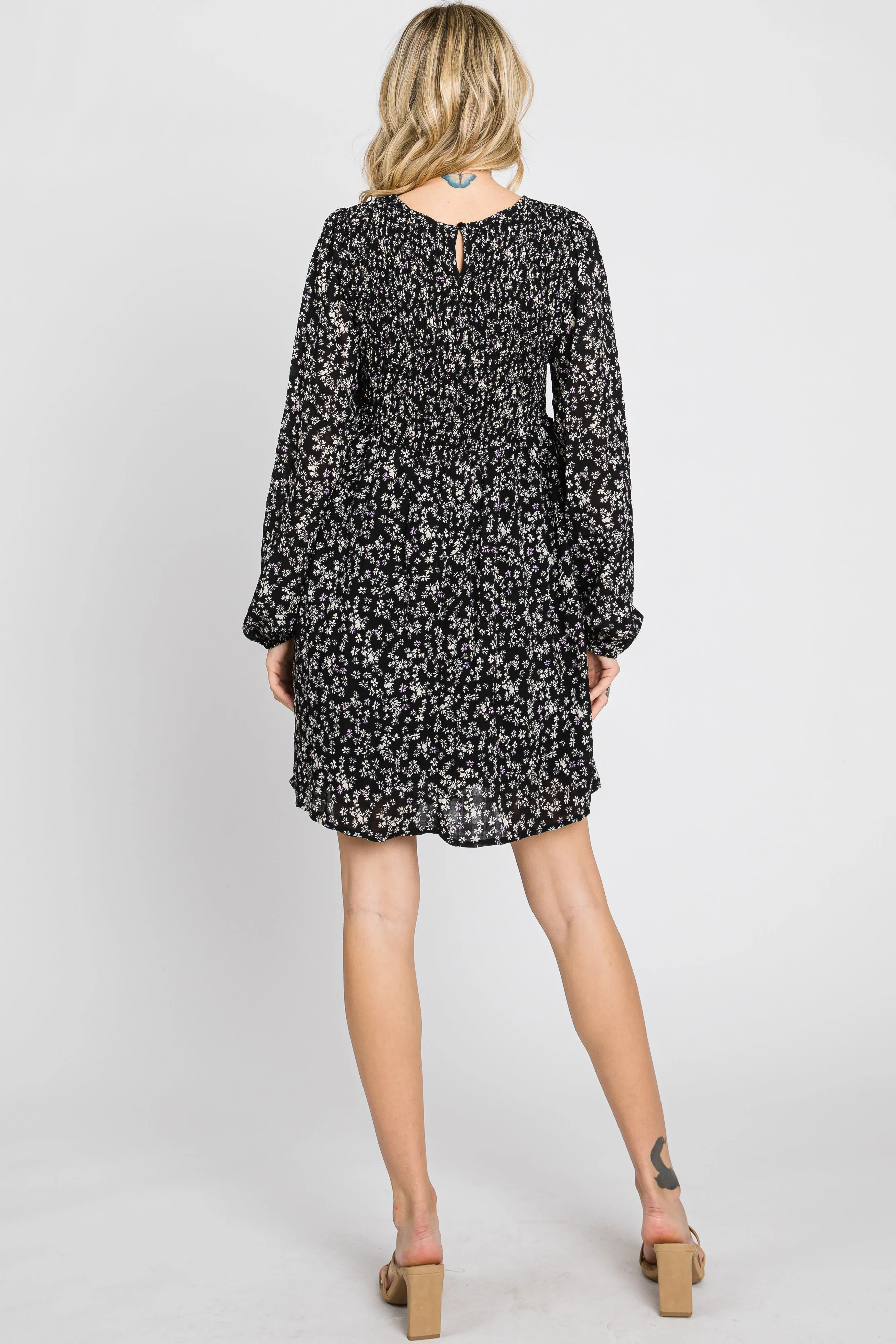 Black Floral Smocked Long Sleeve Dress sold by Pinkblush product image thumbnail 4