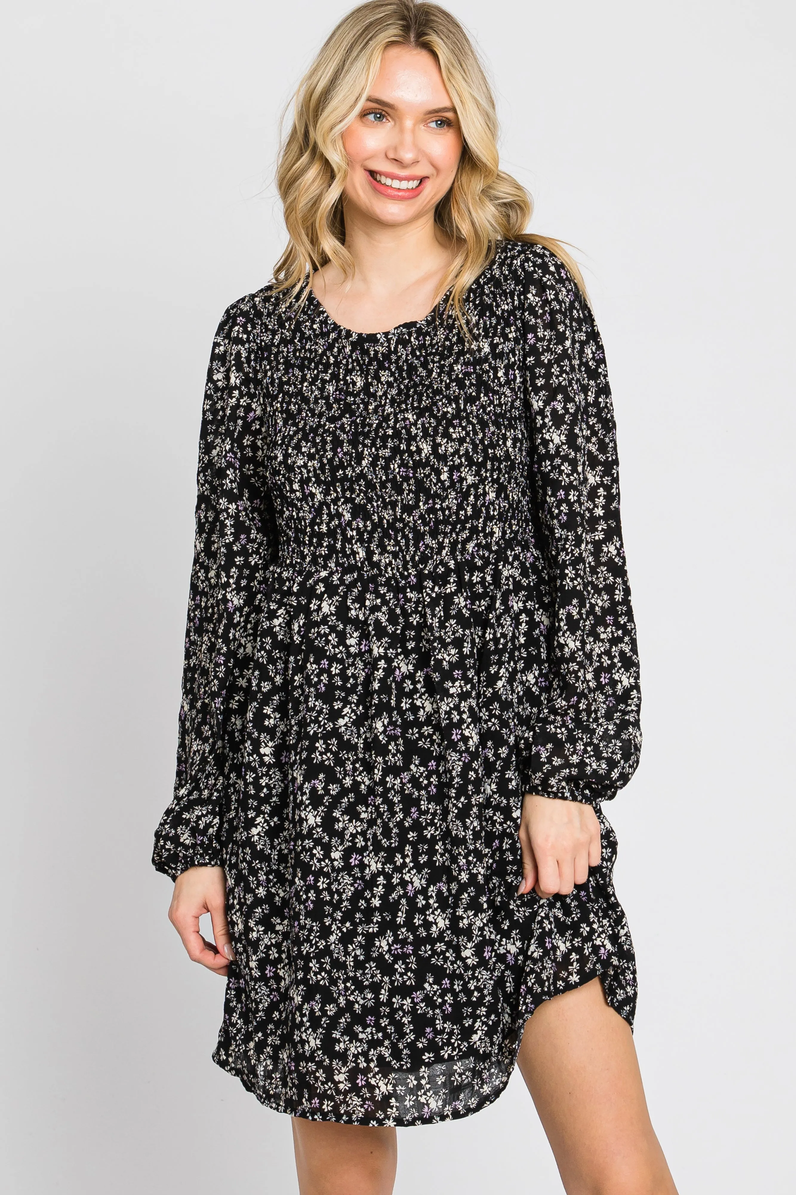 Black Floral Smocked Long Sleeve Dress sold by Pinkblush