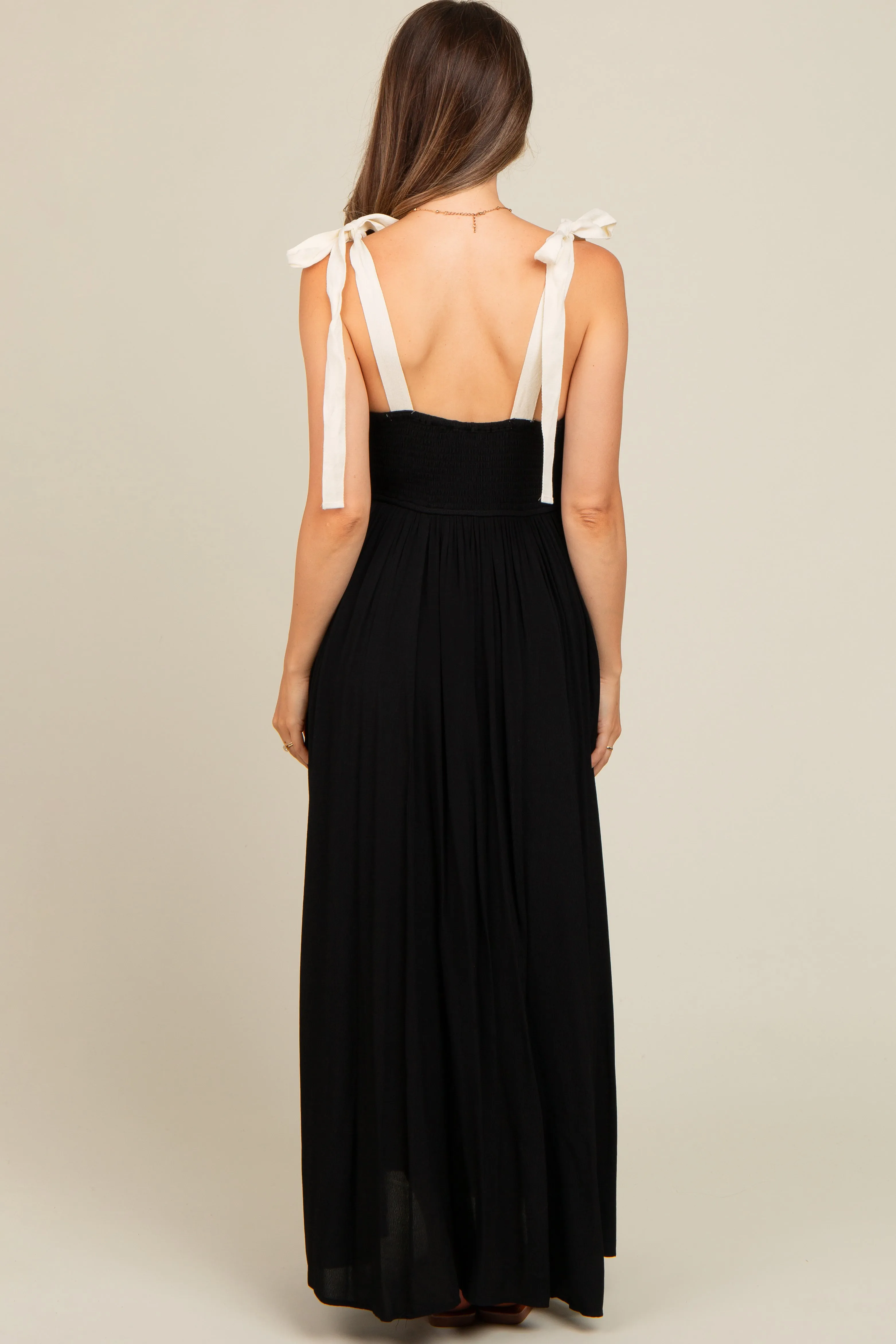 Black Contrast Shoulder Tie Smocked Maternity Maxi Dress sold by Pinkblush product image thumbnail 4