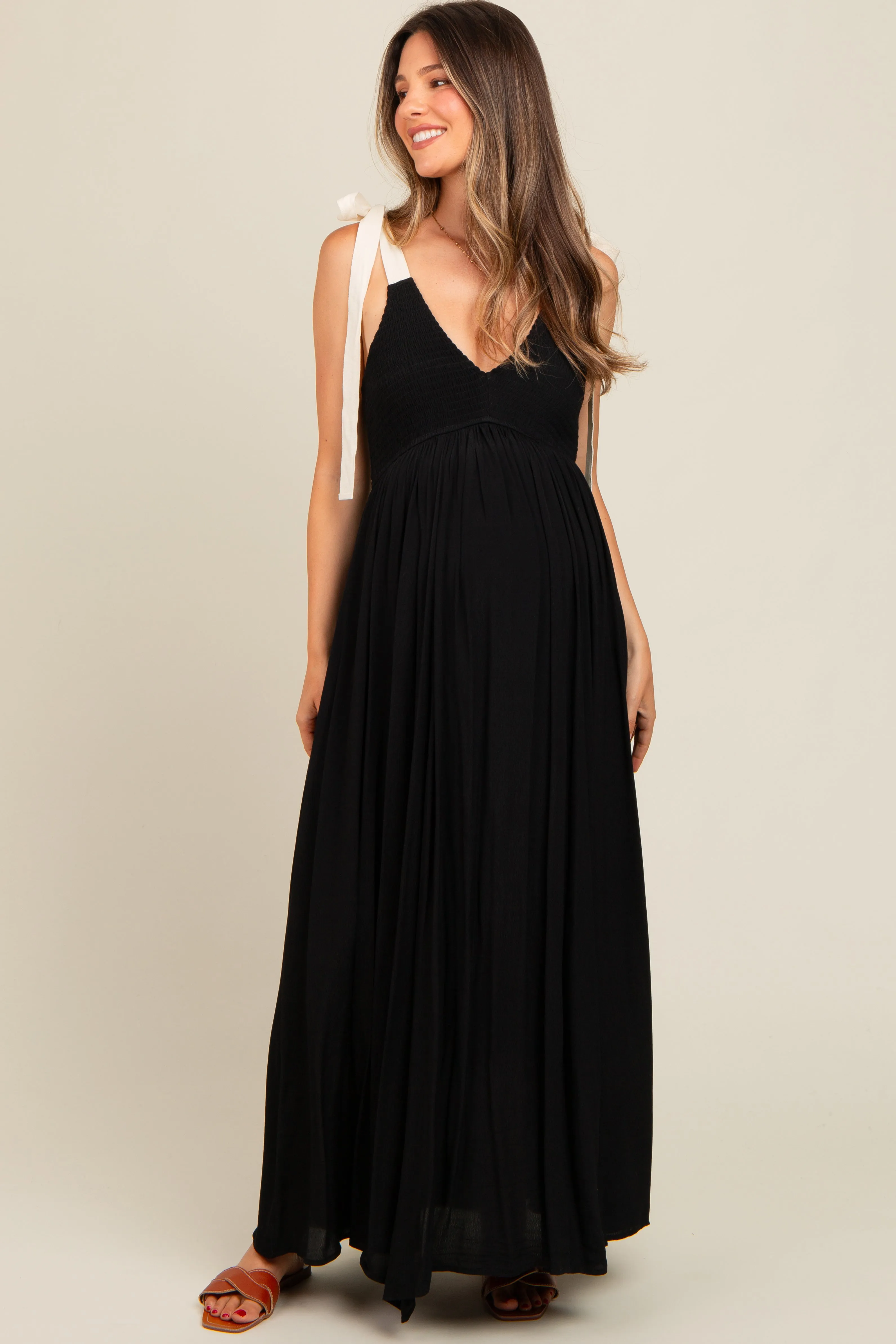 Black Contrast Shoulder Tie Smocked Maternity Maxi Dress sold by Pinkblush