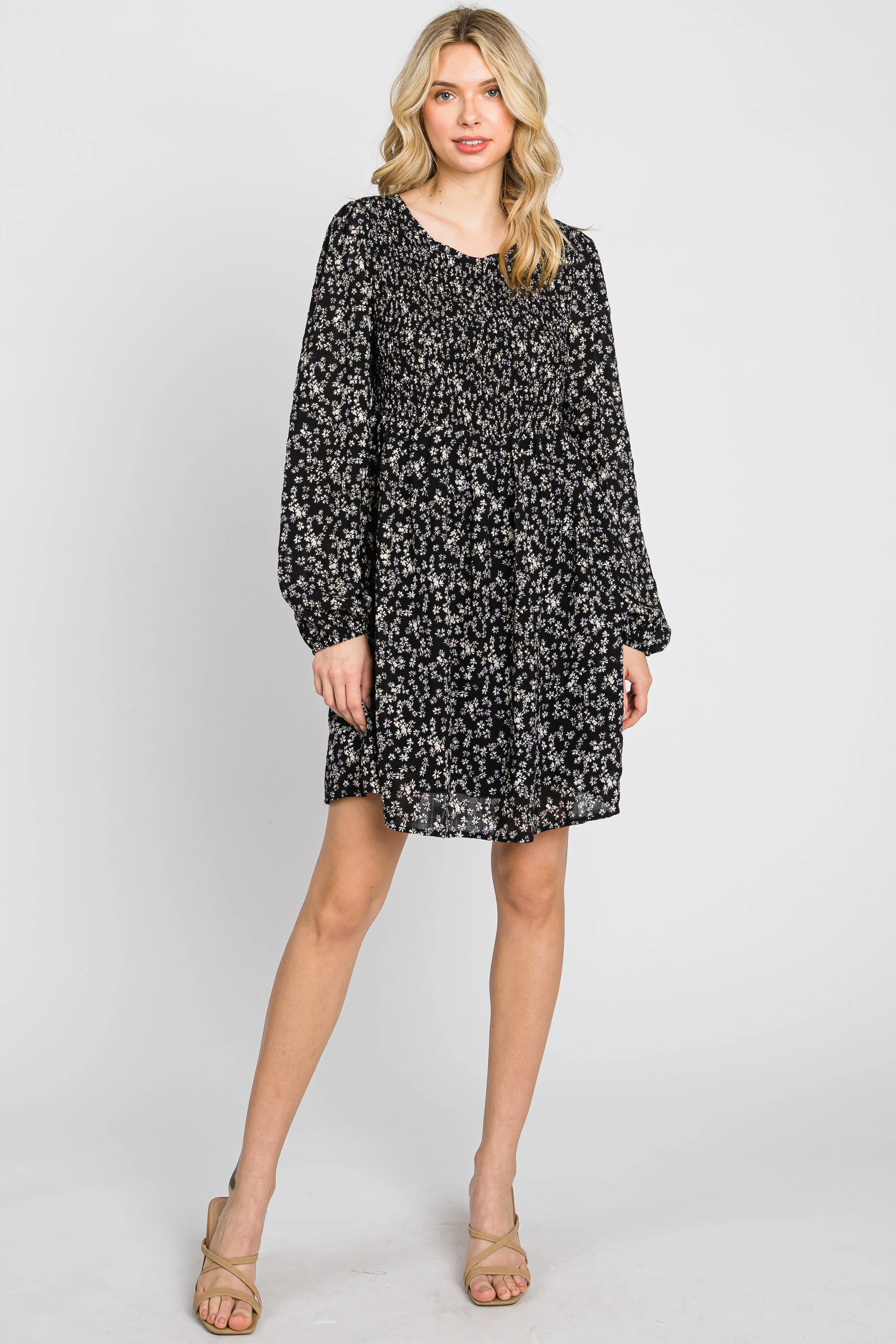 Black Floral Smocked Long Sleeve Dress sold by Pinkblush product image thumbnail 2