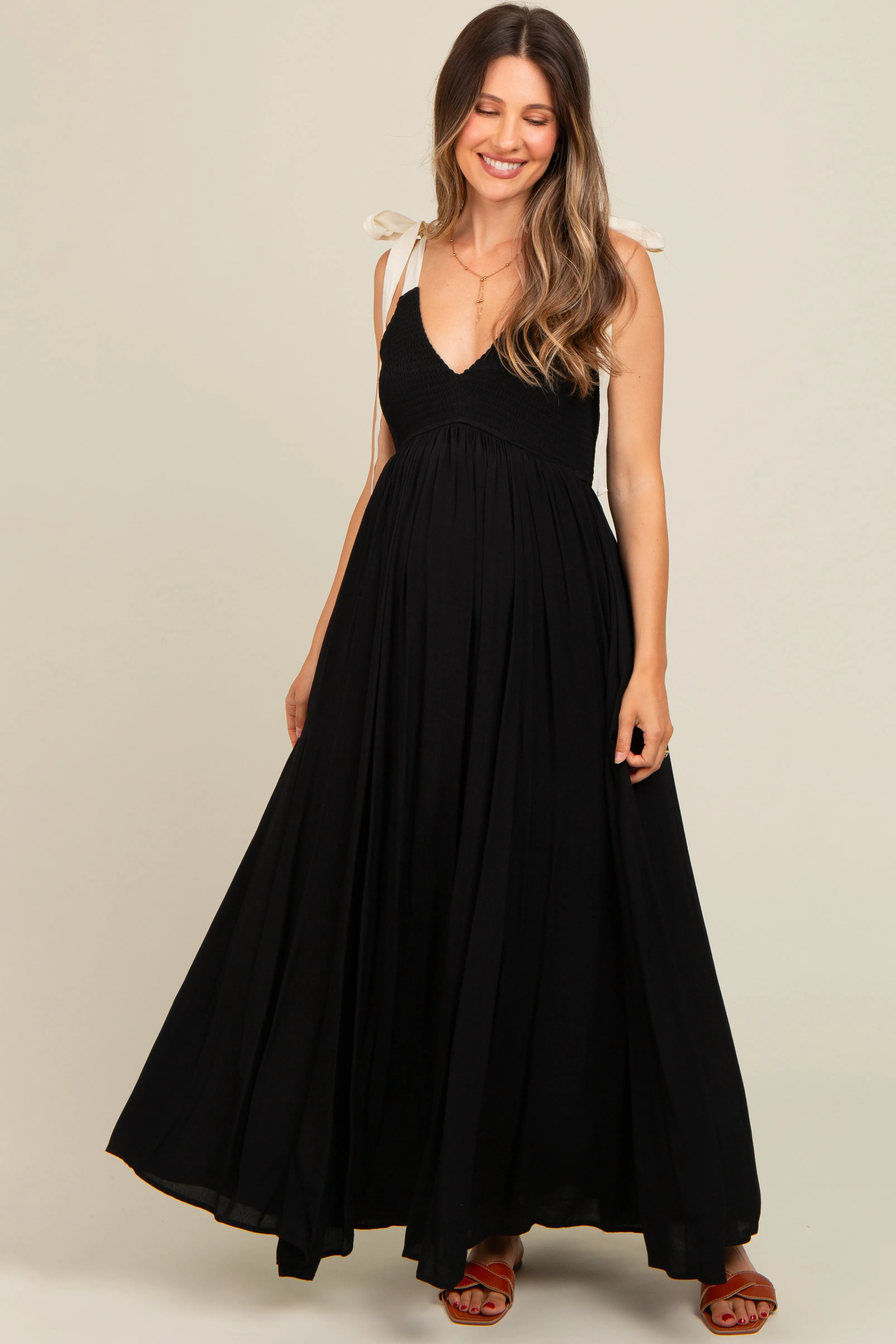 Black Contrast Shoulder Tie Smocked Maternity Maxi Dress sold by Pinkblush product image thumbnail 2