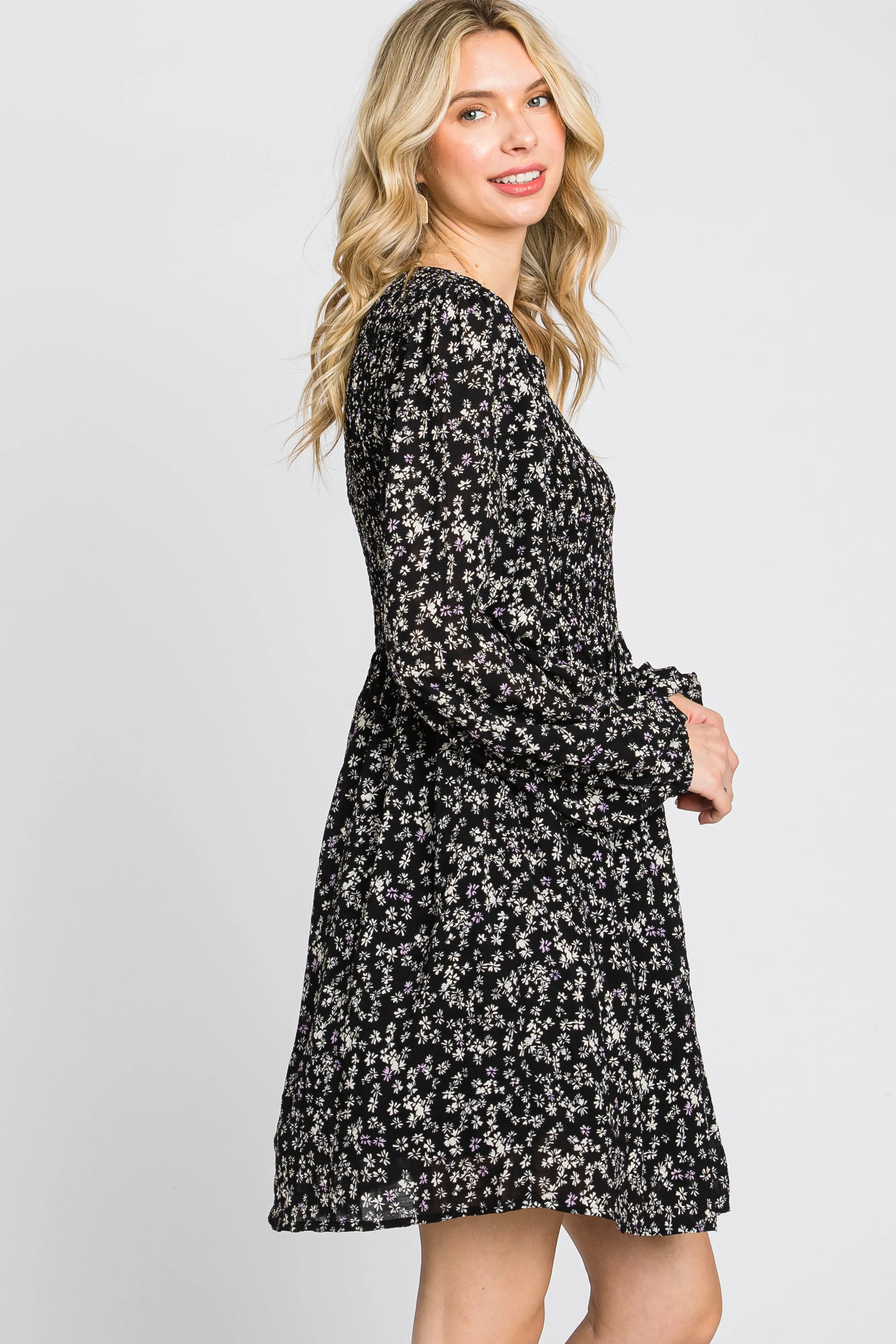 Black Floral Smocked Long Sleeve Dress sold by Pinkblush product image thumbnail 3