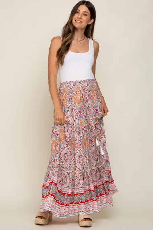 Red Printed Smocked Waist Maternity Maxi Skirt sold by Pinkblush