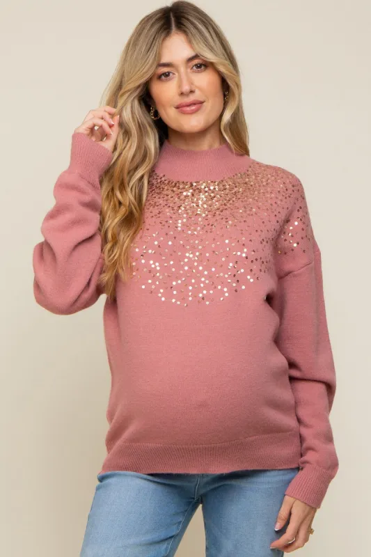 Mauve Sequin Knit Mock Neck Maternity Sweater sold by Pinkblush