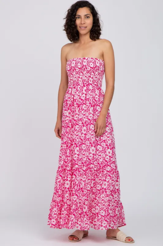 Magenta Floral Strapless Smocked Maxi Dress sold by Pinkblush