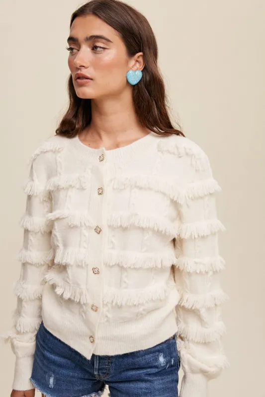 Cream Tiered Fringe Button Down Cardigan Sweater sold by Pinkblush