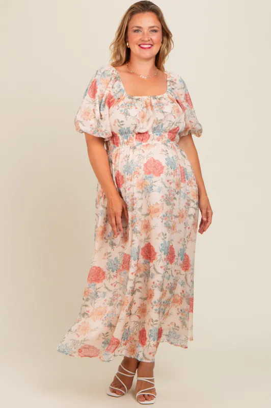 Cream Blue Floral Chiffon Puff Sleeve Maternity Plus Midi Dress sold by Pinkblush