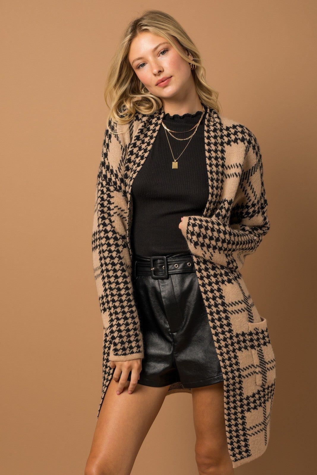 Mocha Houndstooth Long Cardigan sold by Pinkblush