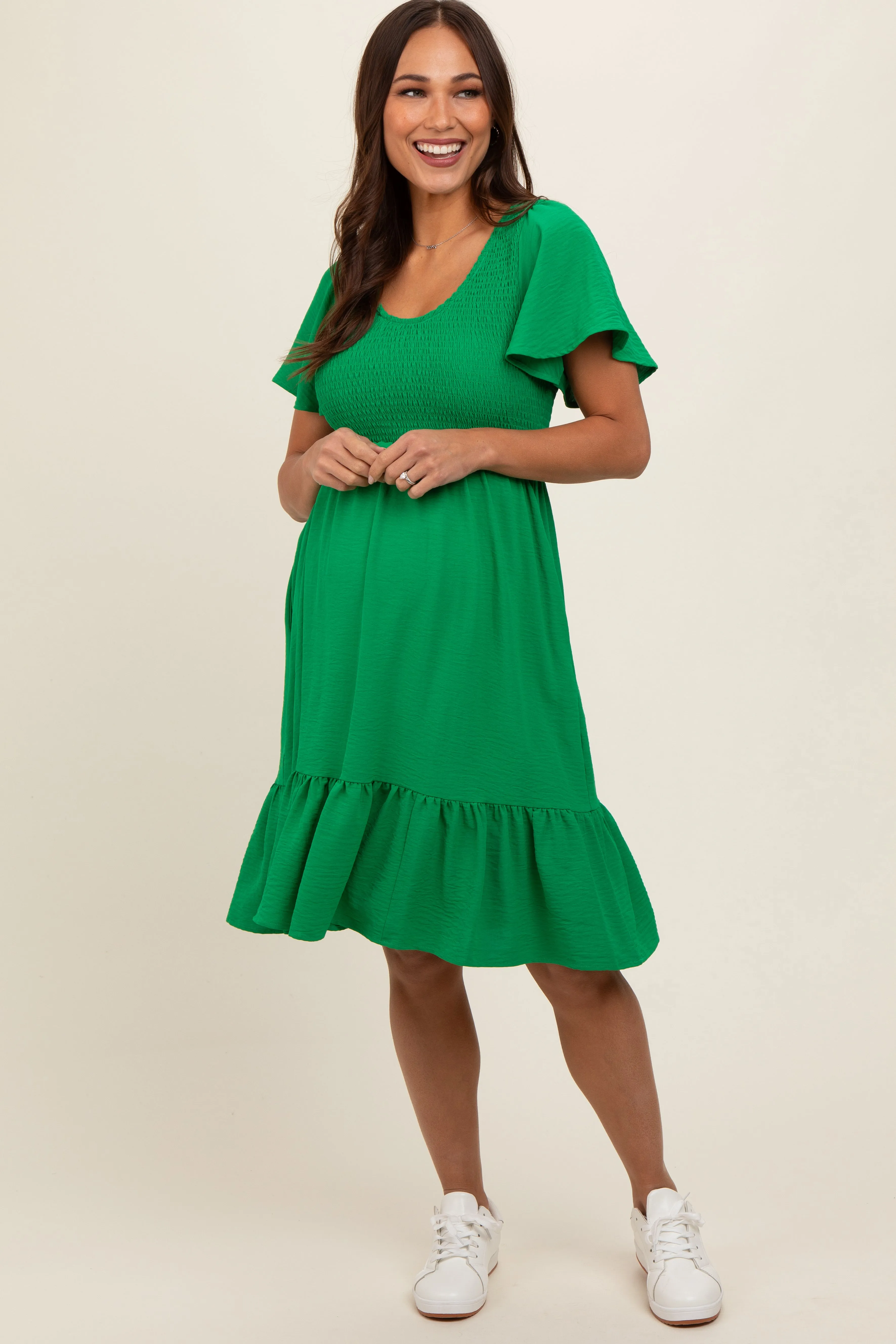 Green Smocked Ruffle Hem Maternity Dress sold by Pinkblush