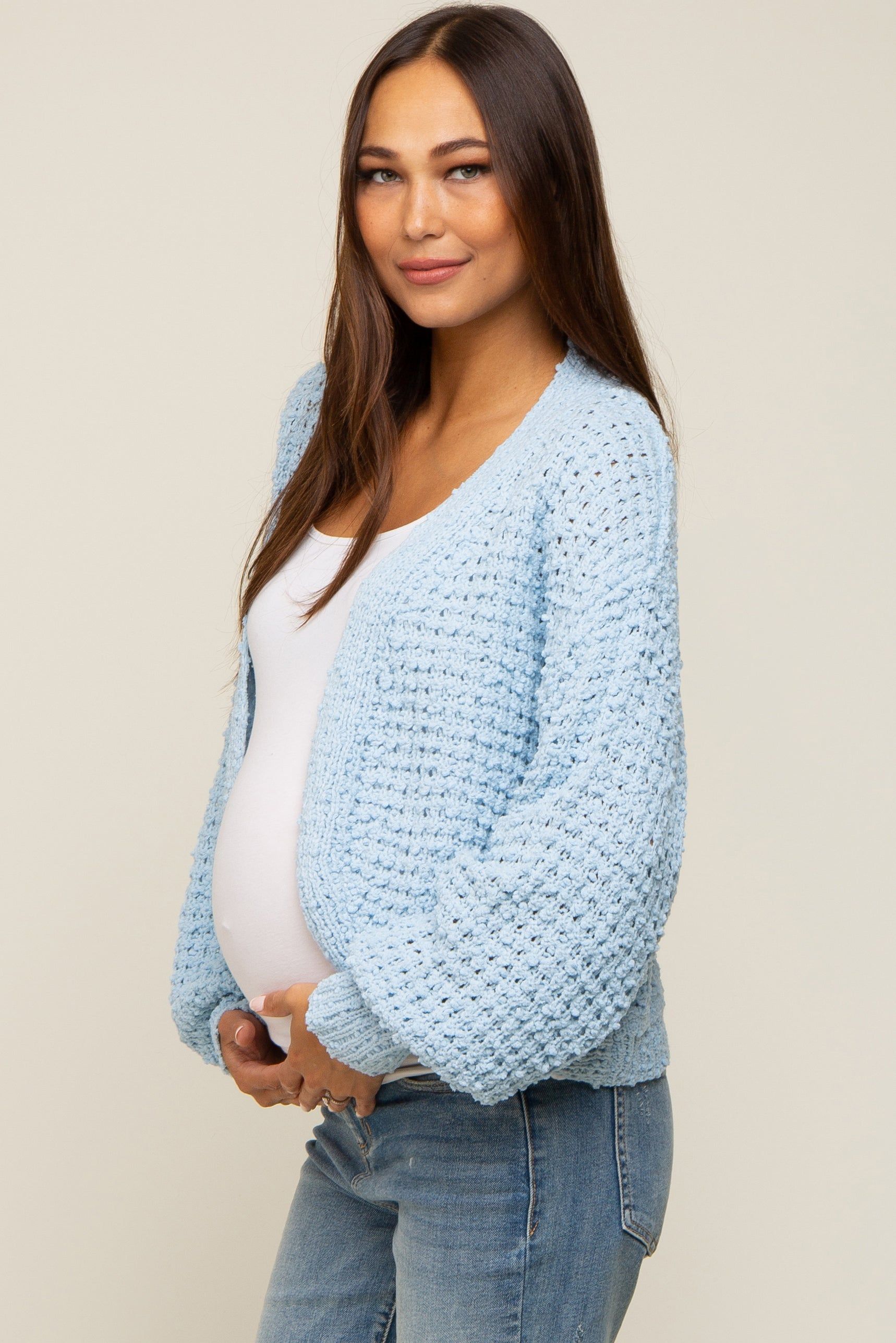 Light Blue Cropped Chunky Open Knit Maternity Cardigan sold by Pinkblush product image thumbnail 2