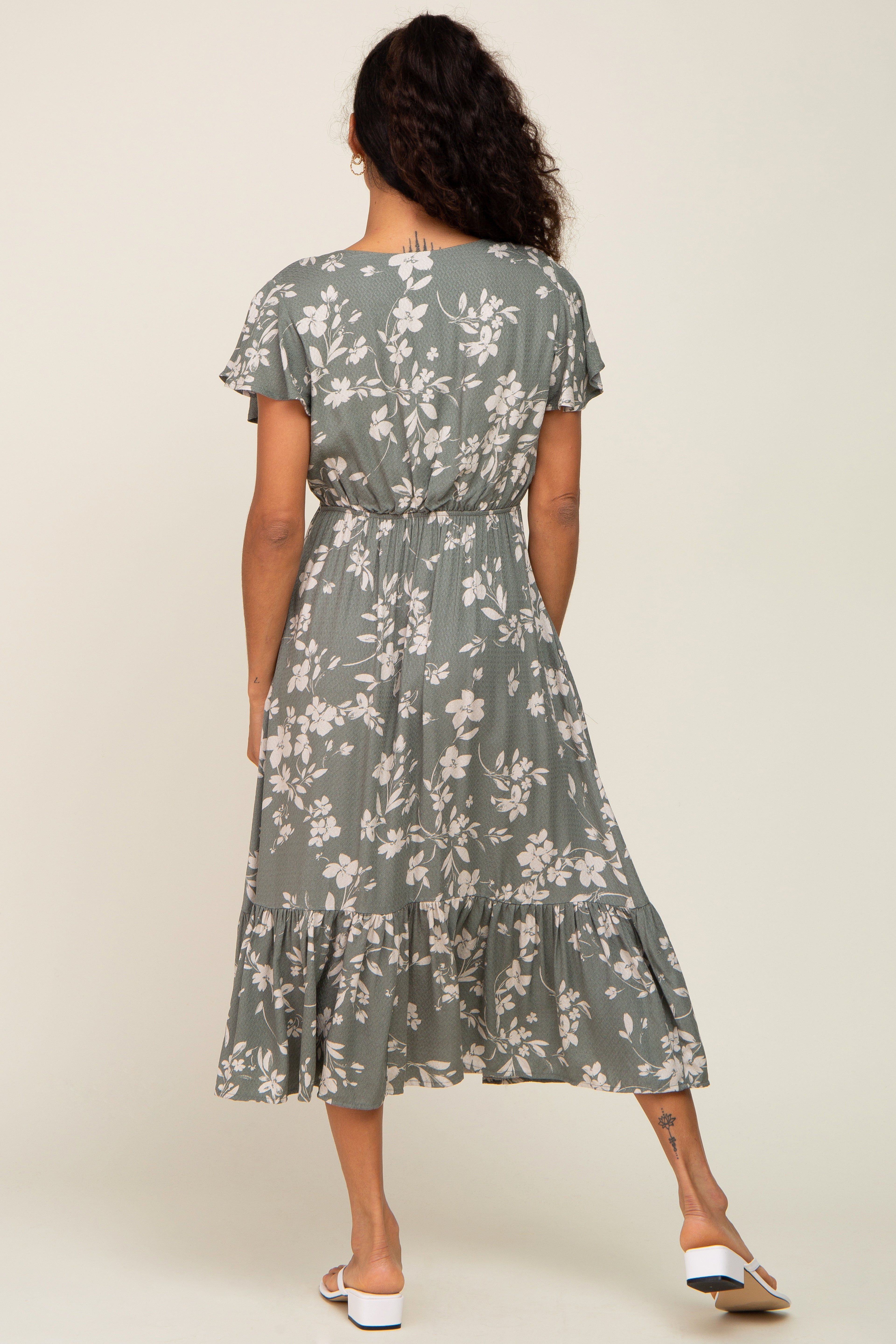 Light Olive Floral Short Flutter Sleeve Midi Dress sold by Pinkblush product image thumbnail 3