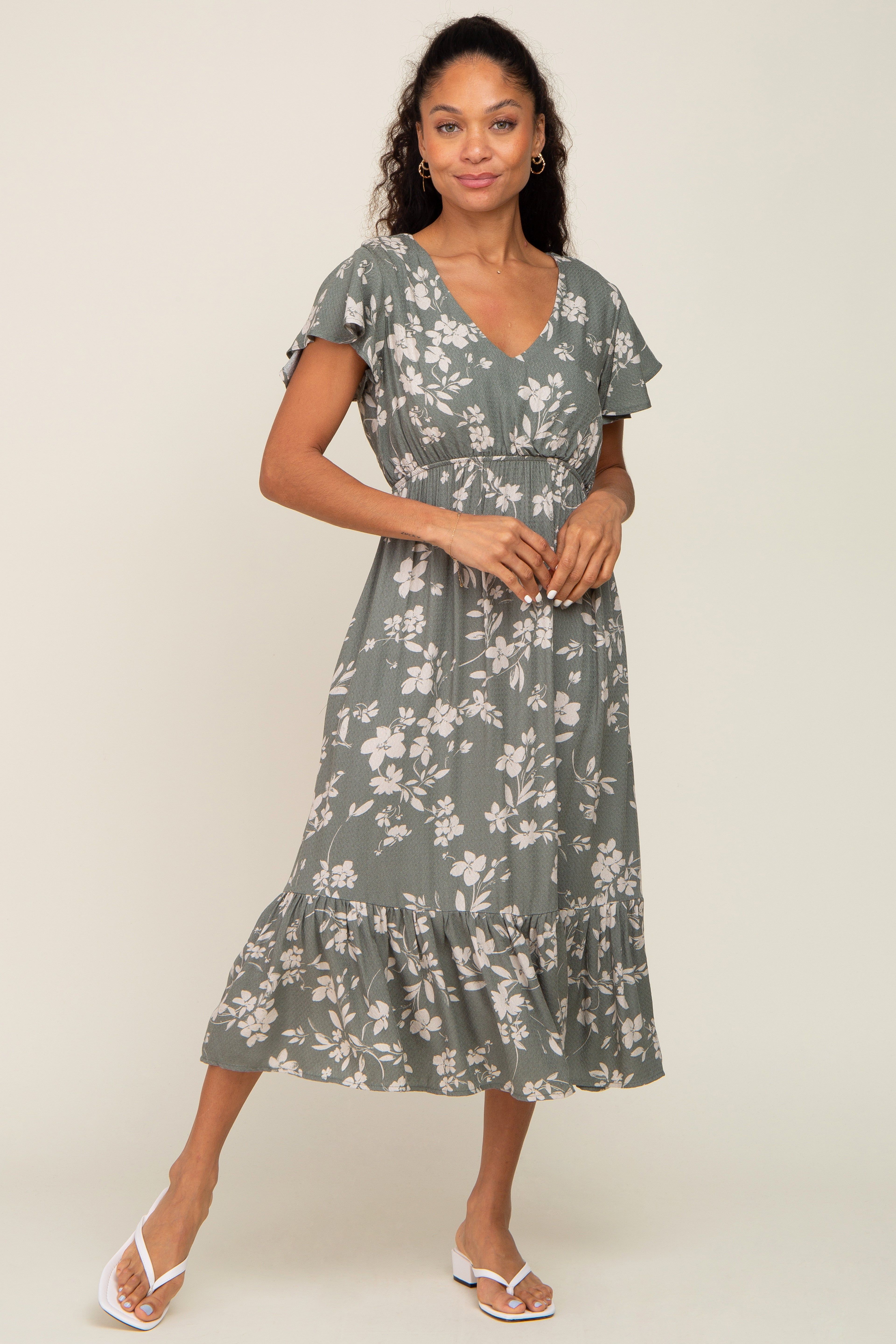 Light Olive Floral Short Flutter Sleeve Midi Dress sold by Pinkblush product image thumbnail 4