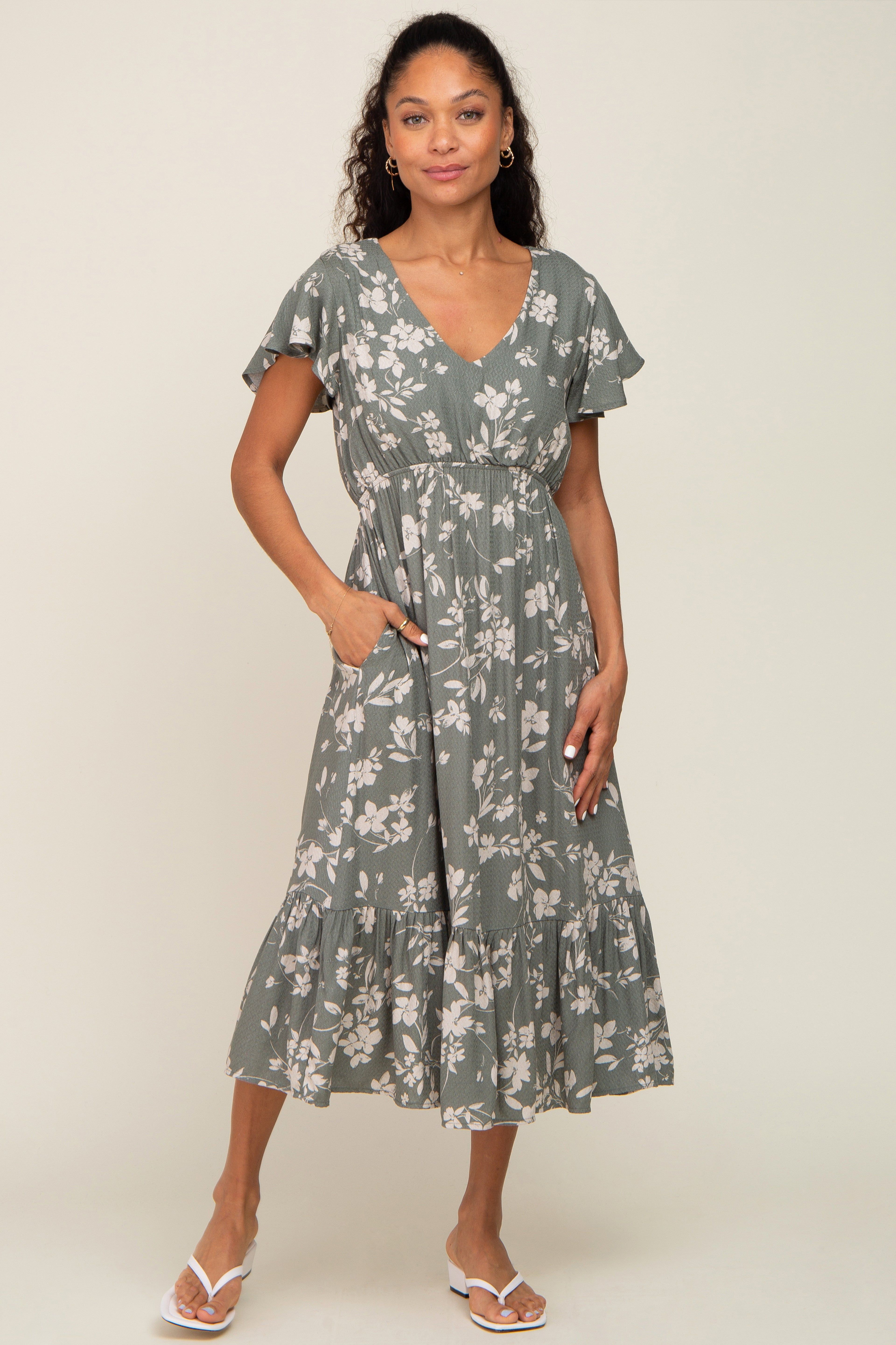 Light Olive Floral Short Flutter Sleeve Midi Dress sold by Pinkblush