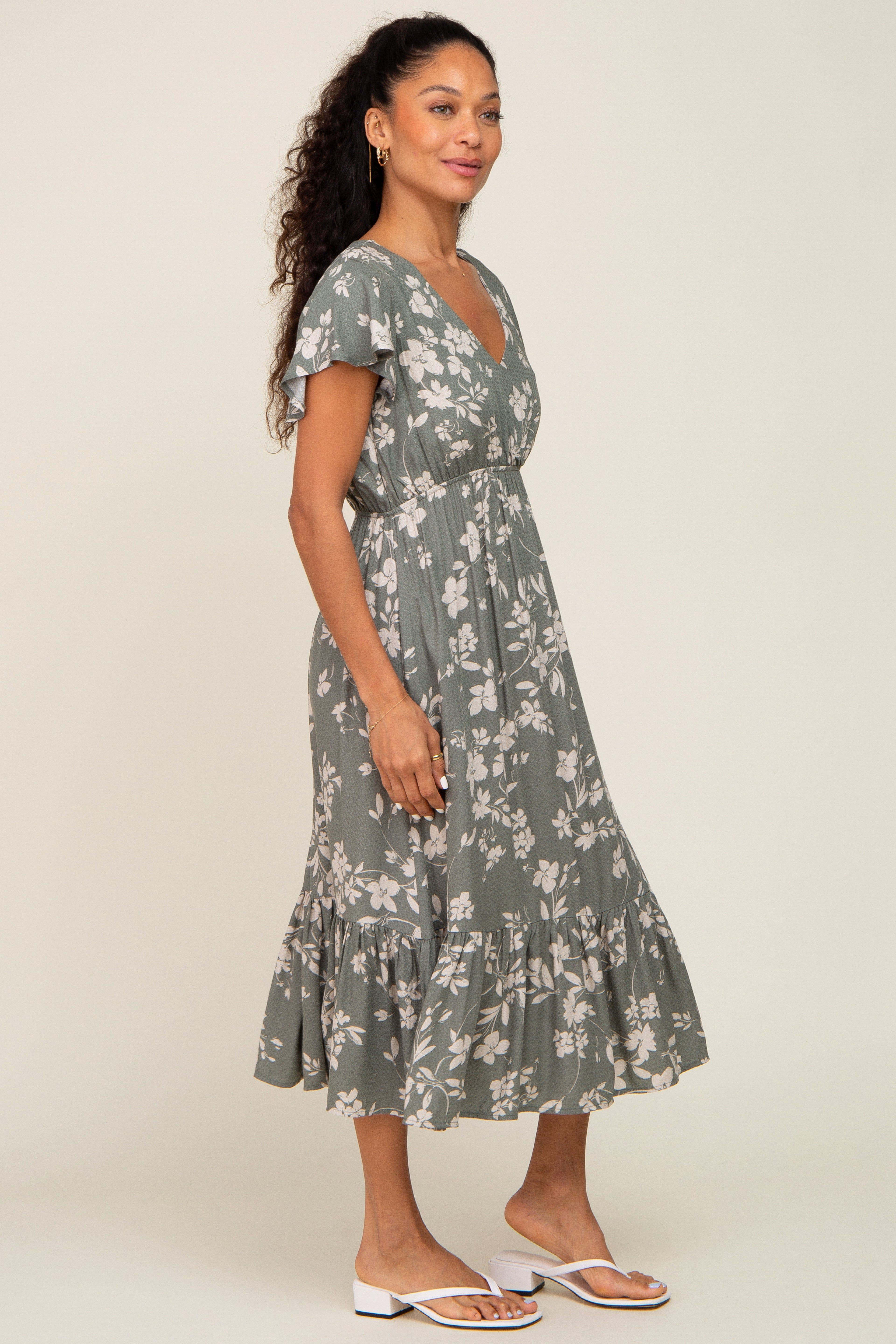 Light Olive Floral Short Flutter Sleeve Midi Dress sold by Pinkblush product image thumbnail 2