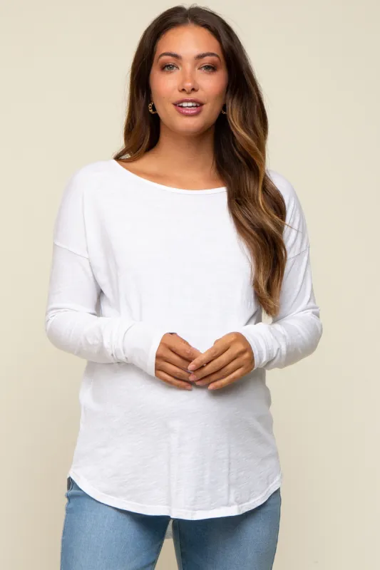 White Long Sleeve Curved Hem Maternity Top sold by Pinkblush