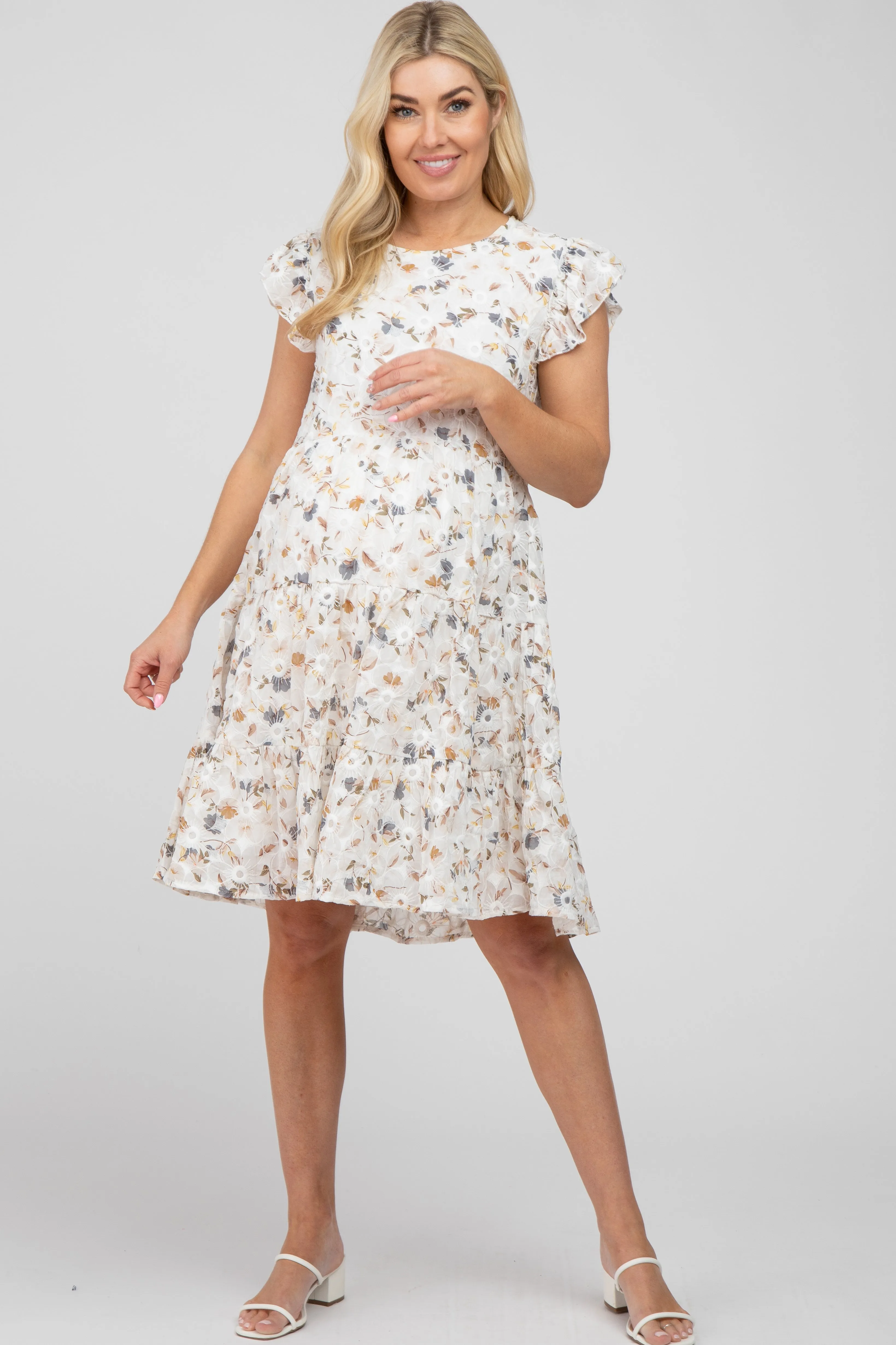 Ivory Floral Embroidered Tiered Maternity Dress sold by Pinkblush