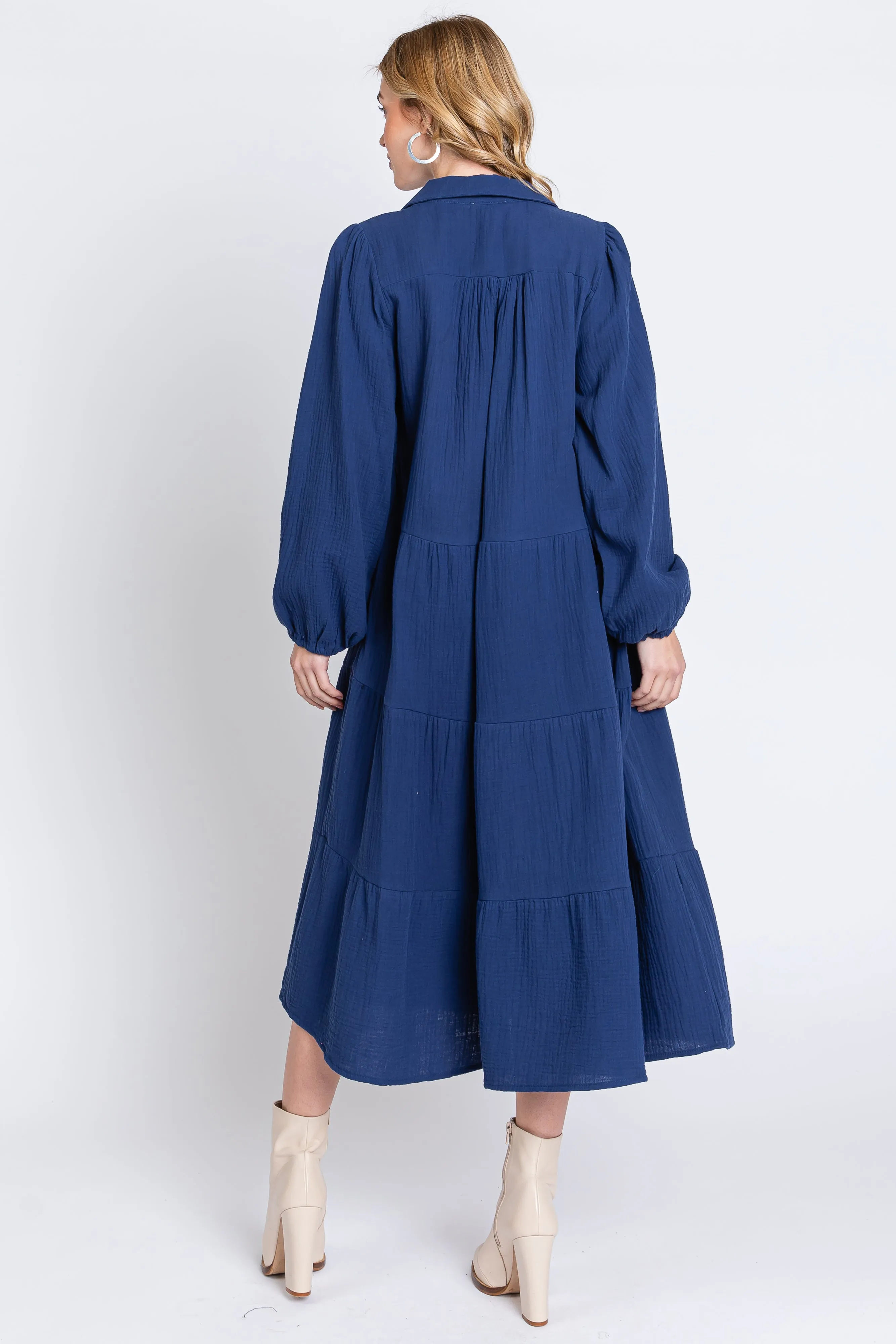 Navy Light Weight Collared Tiered Midi Dress sold by Pinkblush product image thumbnail 3