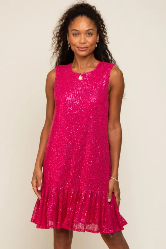 Fuchsia Sequin Sleeveless Ruffle Hem Dress sold by Pinkblush