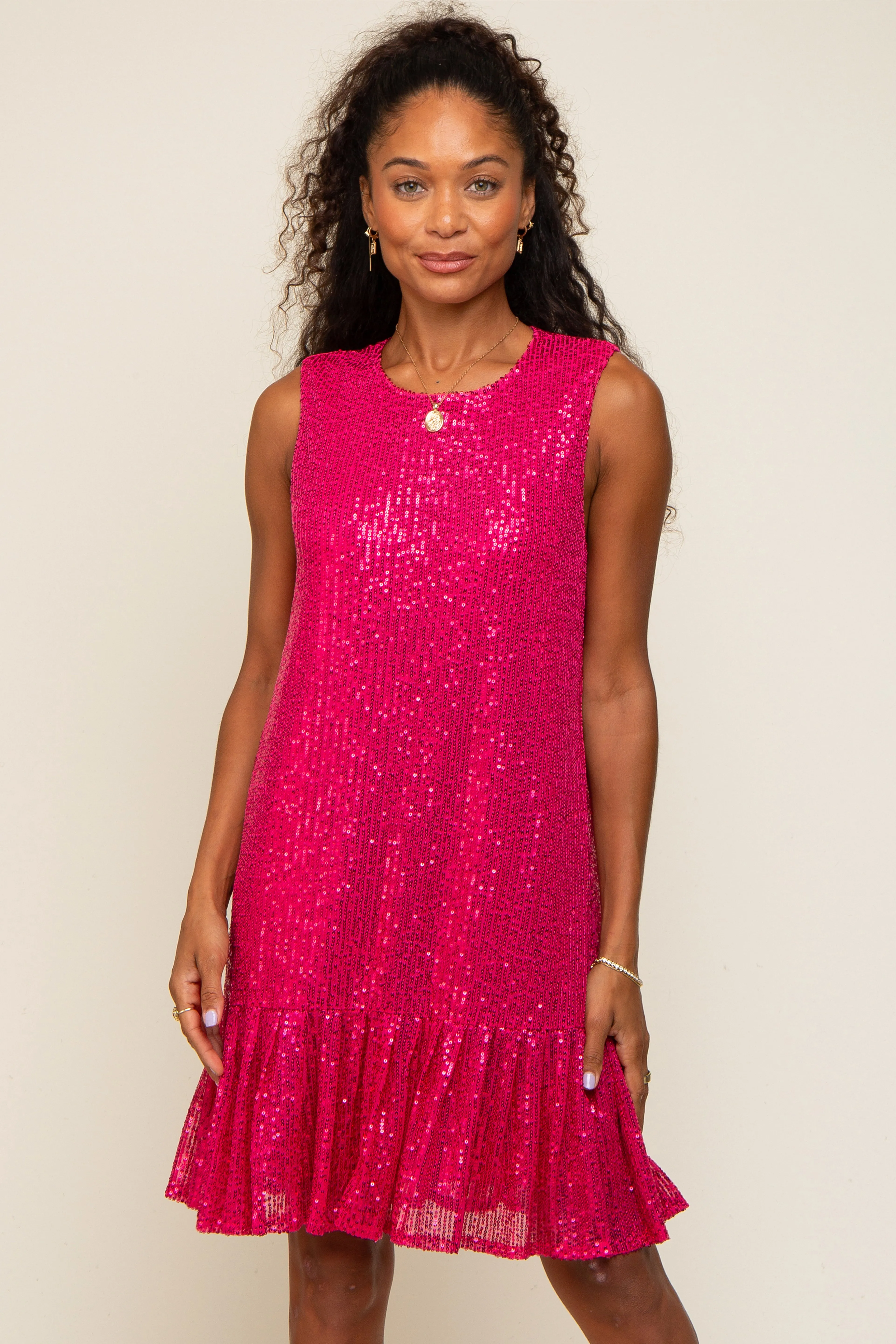 Fuchsia Sequin Sleeveless Ruffle Hem Dress sold by Pinkblush