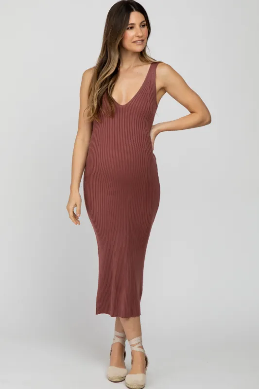 Mauve Ribbed Sleeveless Knit Maternity Midi Dress sold by Pinkblush