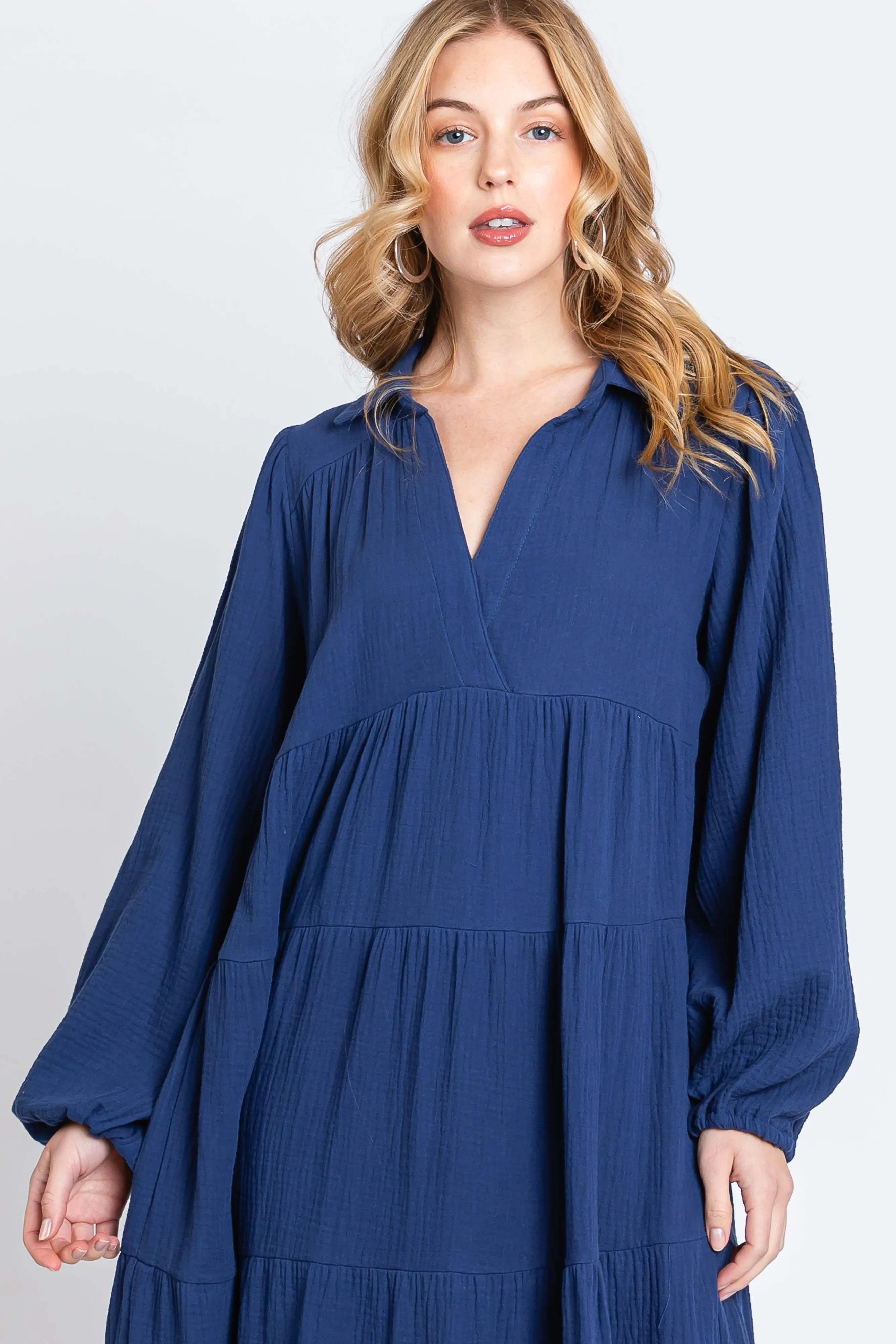 Navy Light Weight Collared Tiered Midi Dress sold by Pinkblush product image thumbnail 4