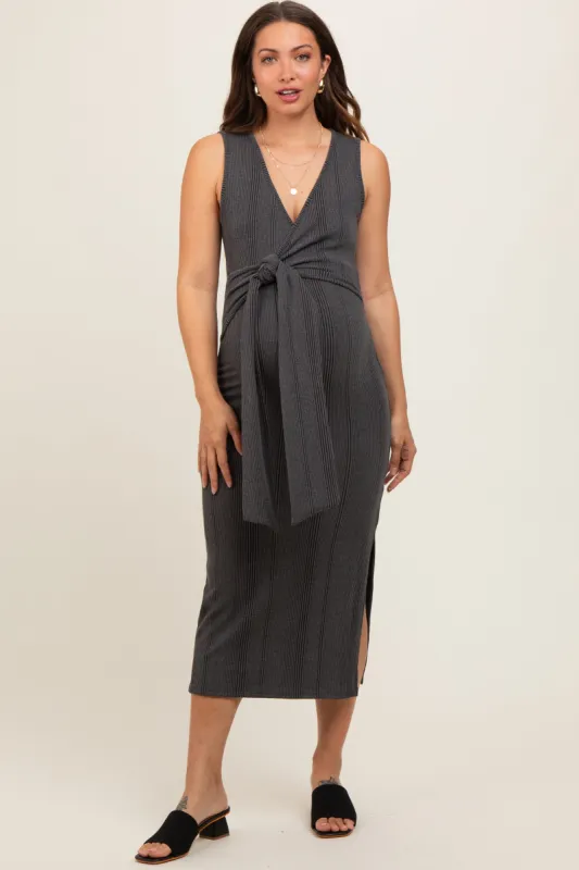 Charcoal Ribbed Wrap Maternity Midi Dress sold by Pinkblush