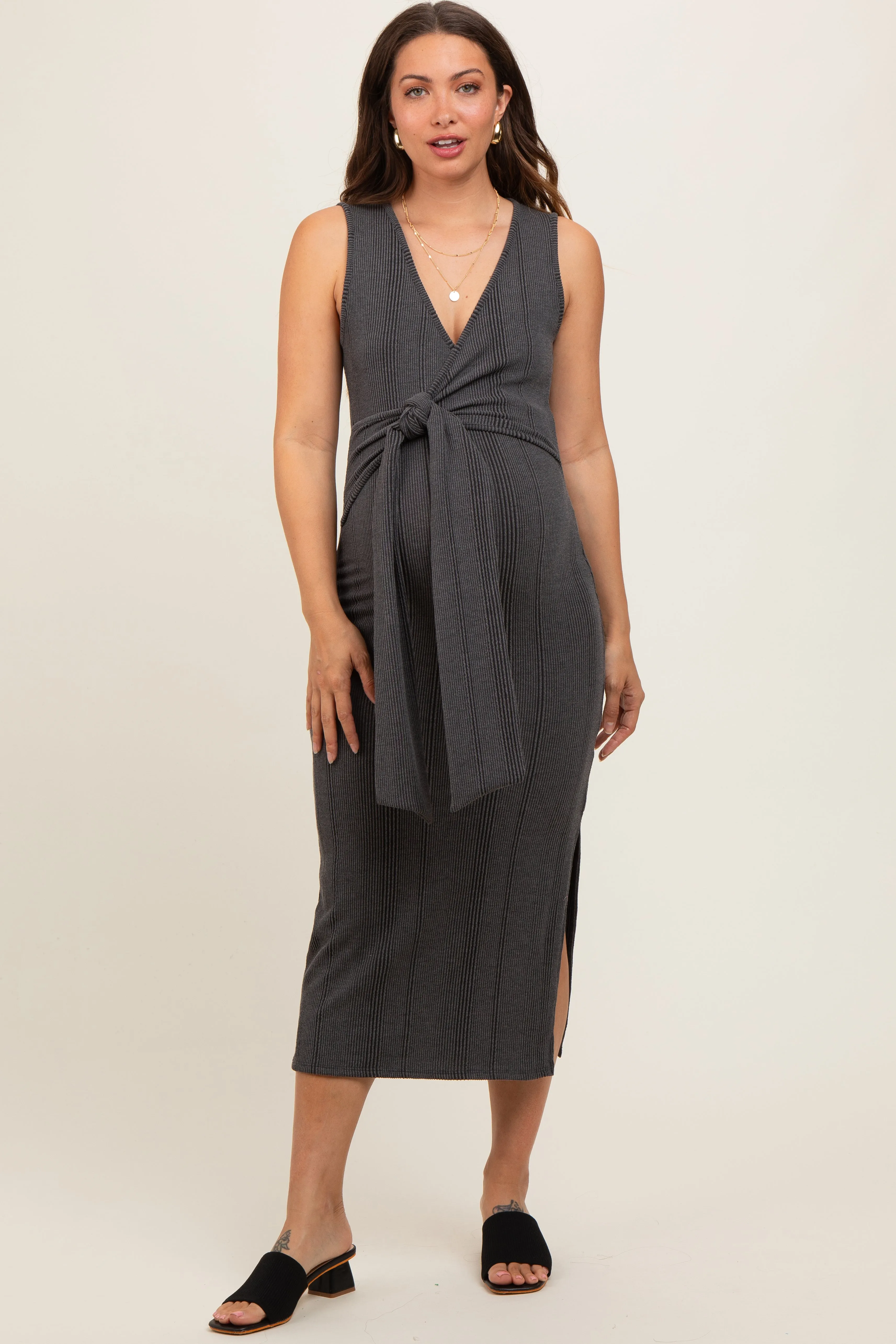 Charcoal Ribbed Wrap Maternity Midi Dress sold by Pinkblush