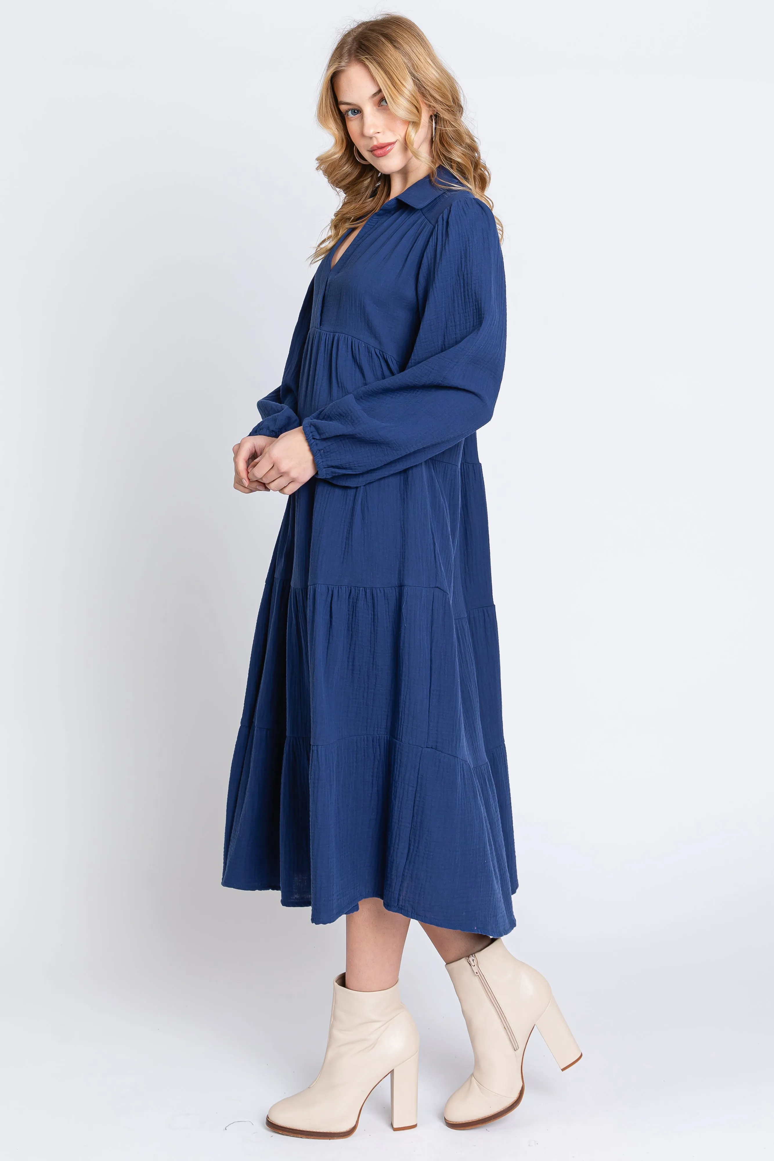 Navy Light Weight Collared Tiered Midi Dress sold by Pinkblush product image thumbnail 2