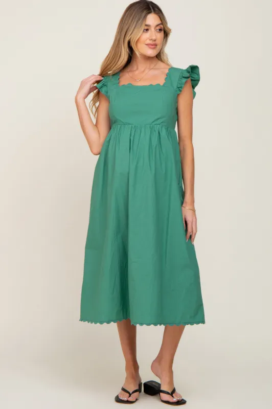 Emerald Green Scallop Flutter Sleeve Maternity Midi Dress sold by Pinkblush