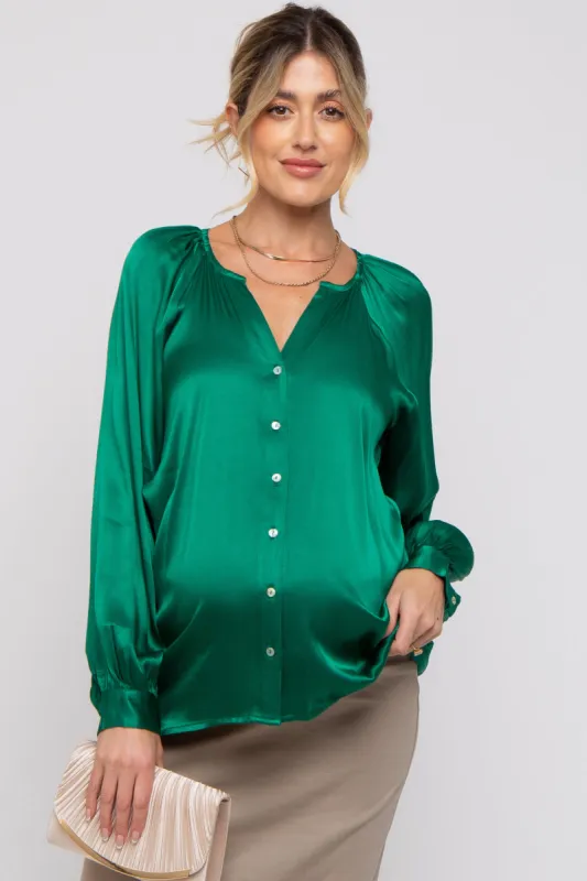 Green Button-Down Long Sleeve Maternity Blouse sold by Pinkblush